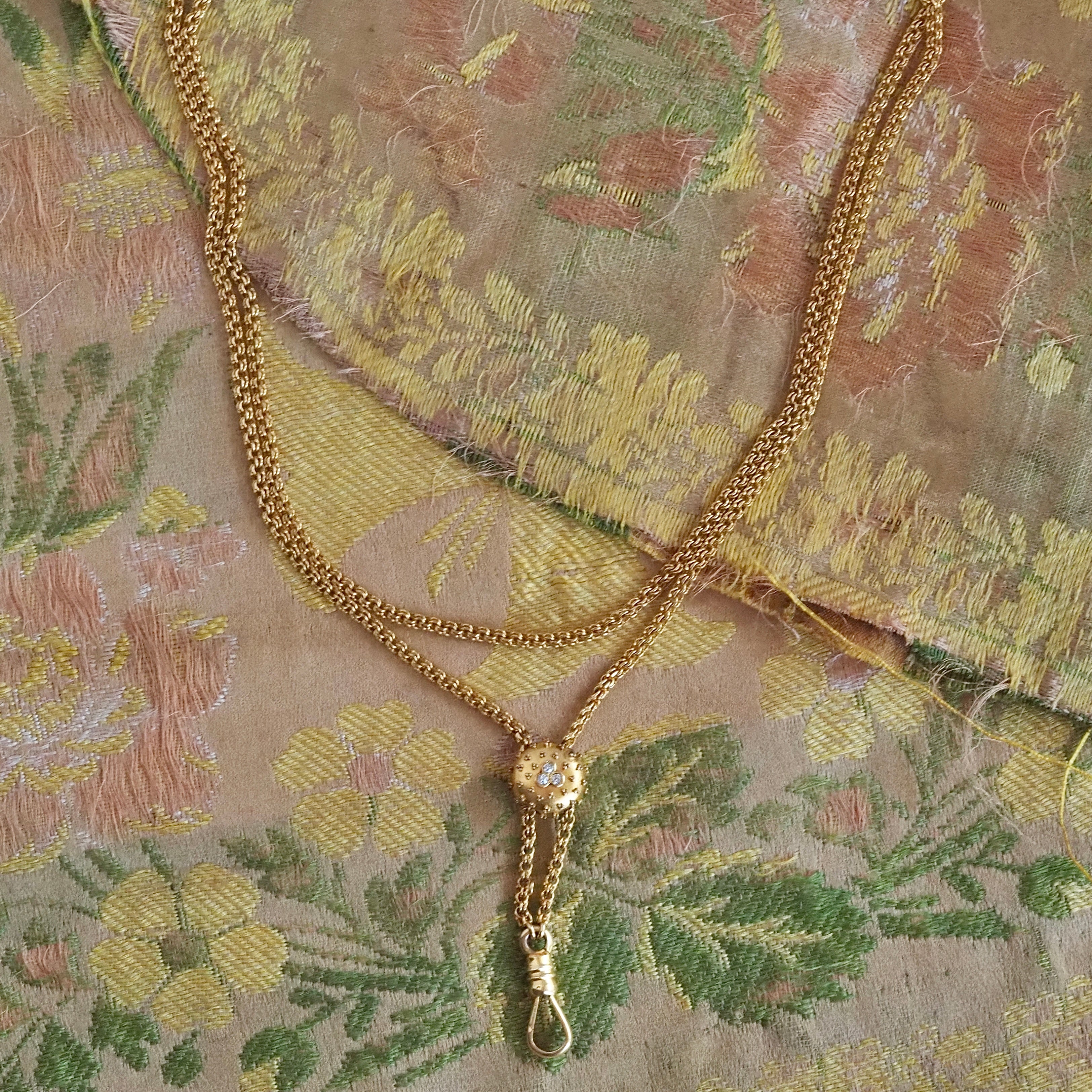 Antique Bloomed 18k Gold Chain with 14k Gold Ornate Old Mine Cut Diamond Slider Necklace