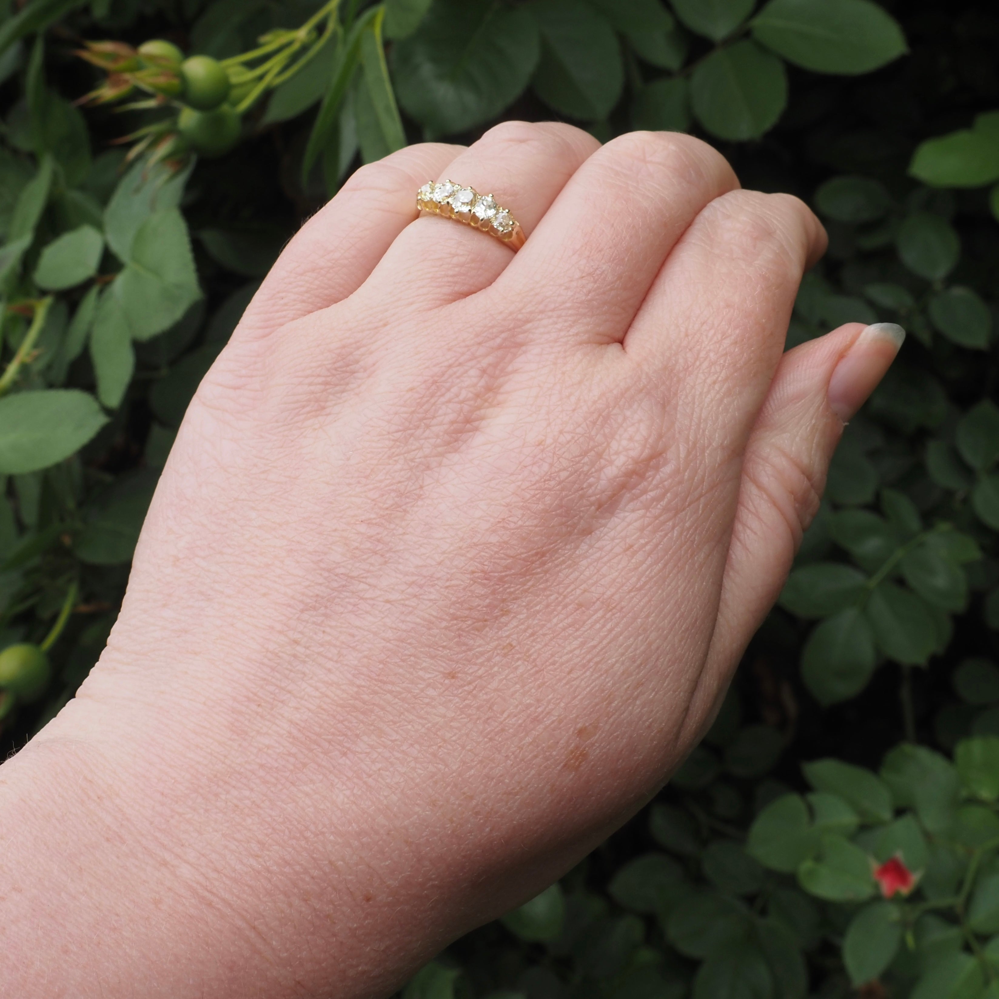 Antique English Five Stone Old Mine Cut Diamond 18k Gold Ring