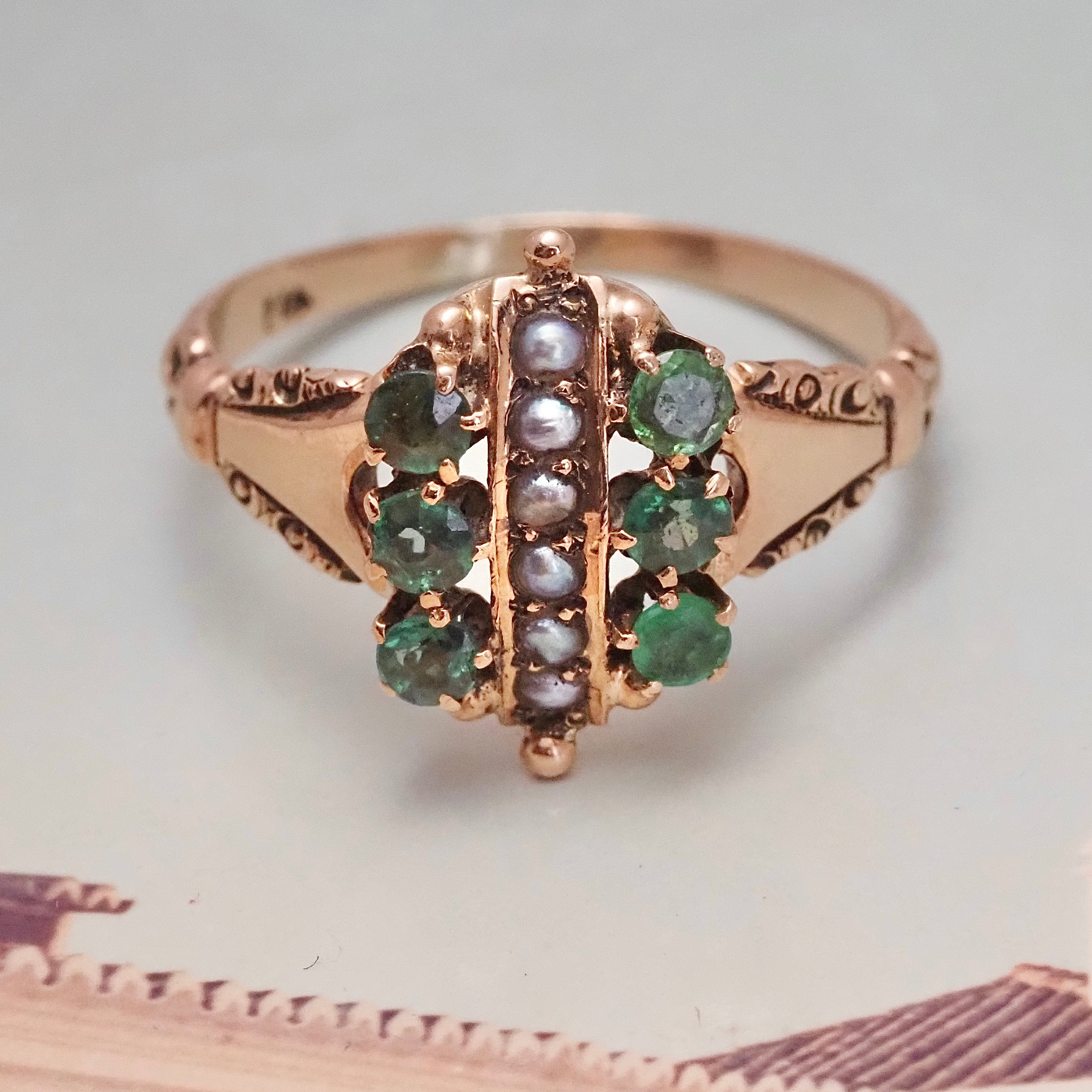 Antique Victorian Emerald & Pearl 10k Gold Ring