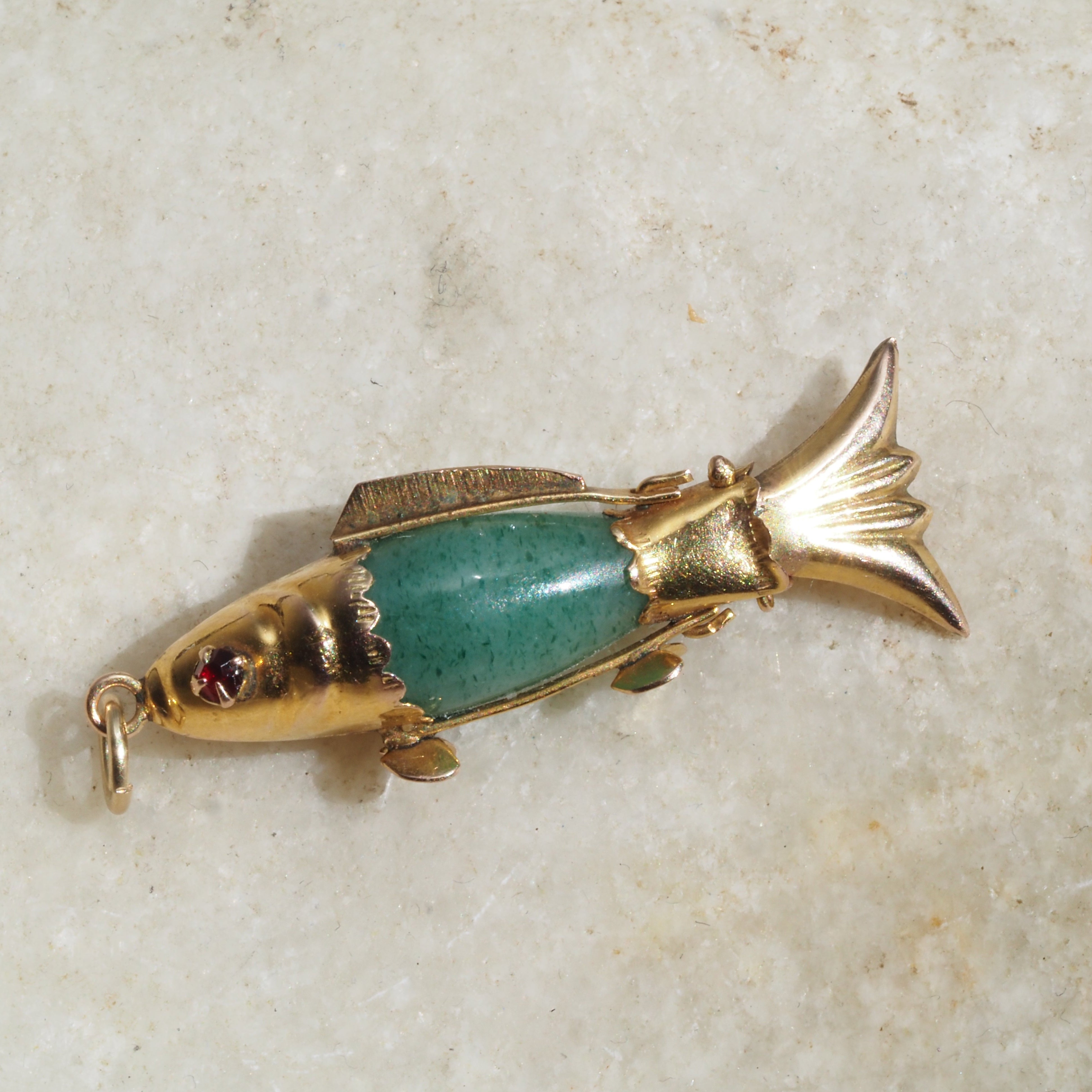 Vintage Jade Ruby Paste 14k Gold Articulated Fish Pendant