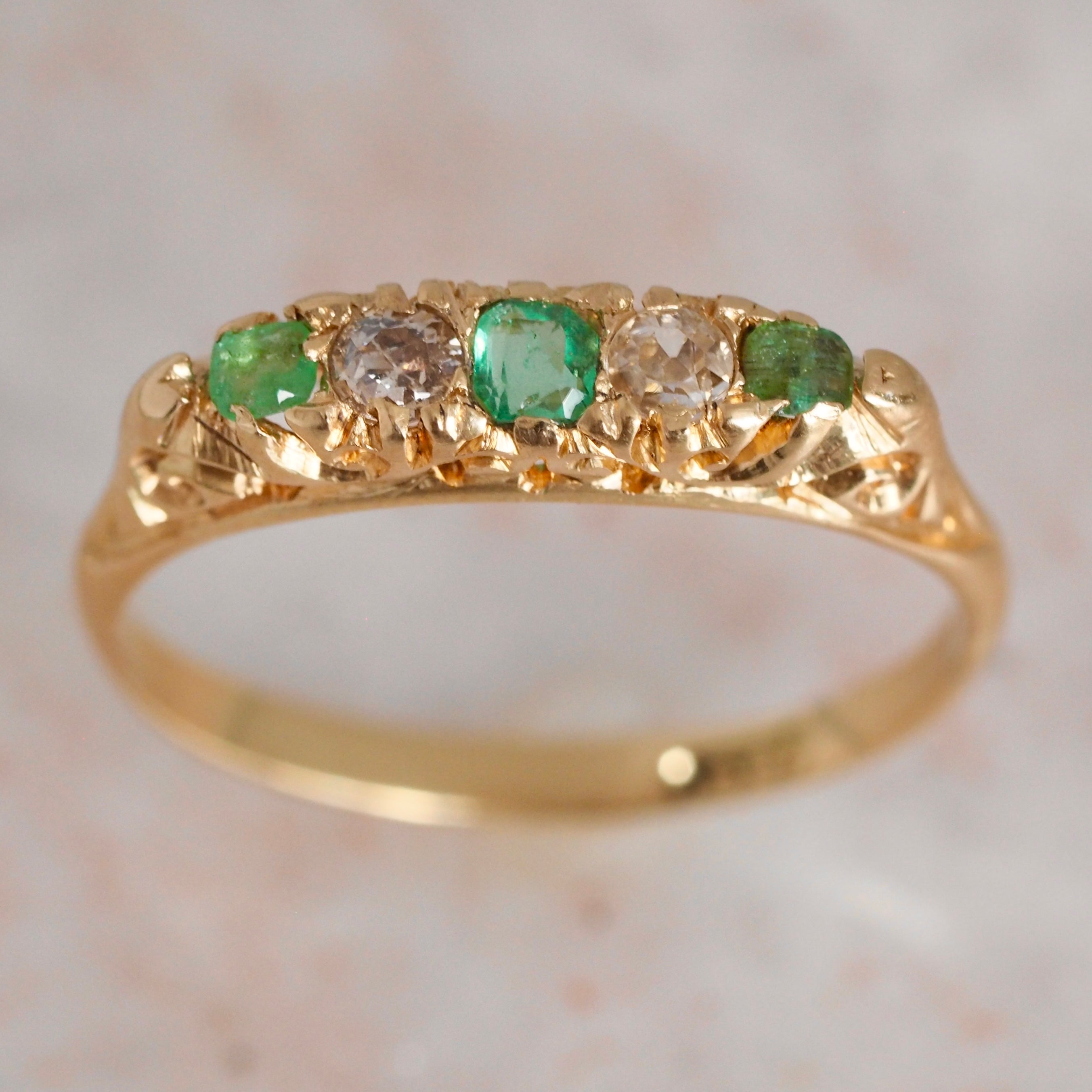 Antique English Art Nouveau 18k Gold Five Stone Emerald and Diamond Ring