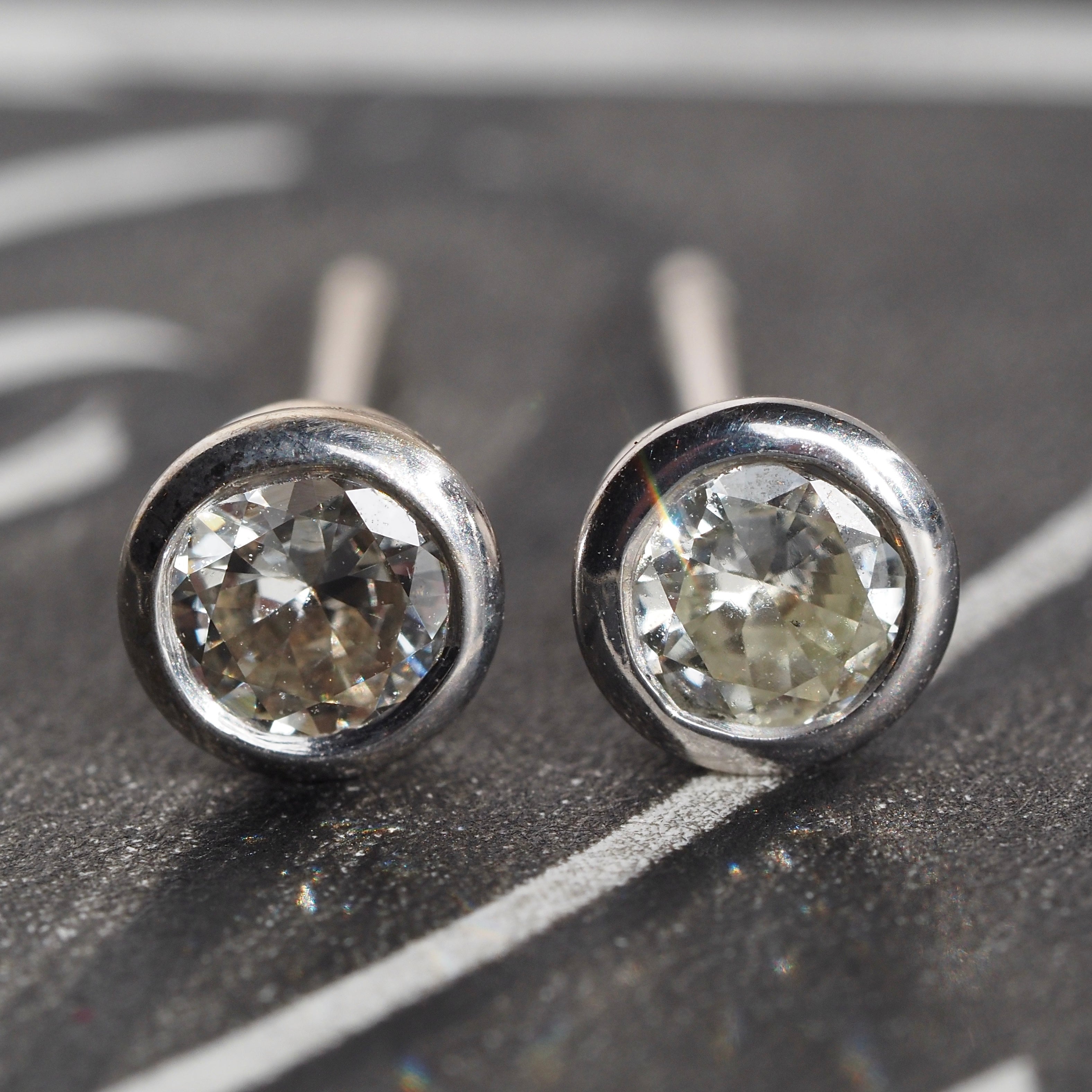 Vintage Diamond 18k White Gold Bezel Set Earrings