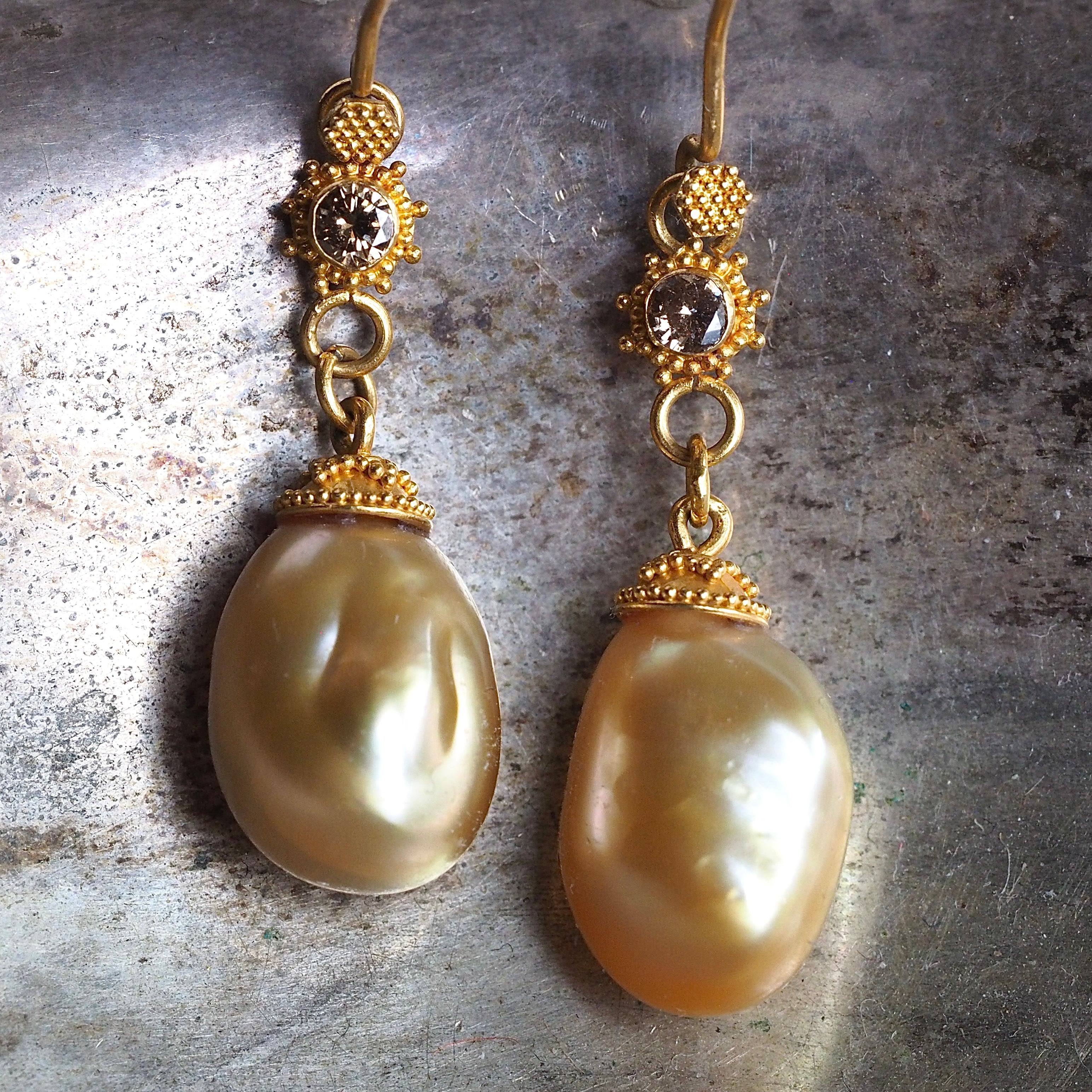 Vintage 21k Gold Baroque Pearl and Brown Diamond Earrings