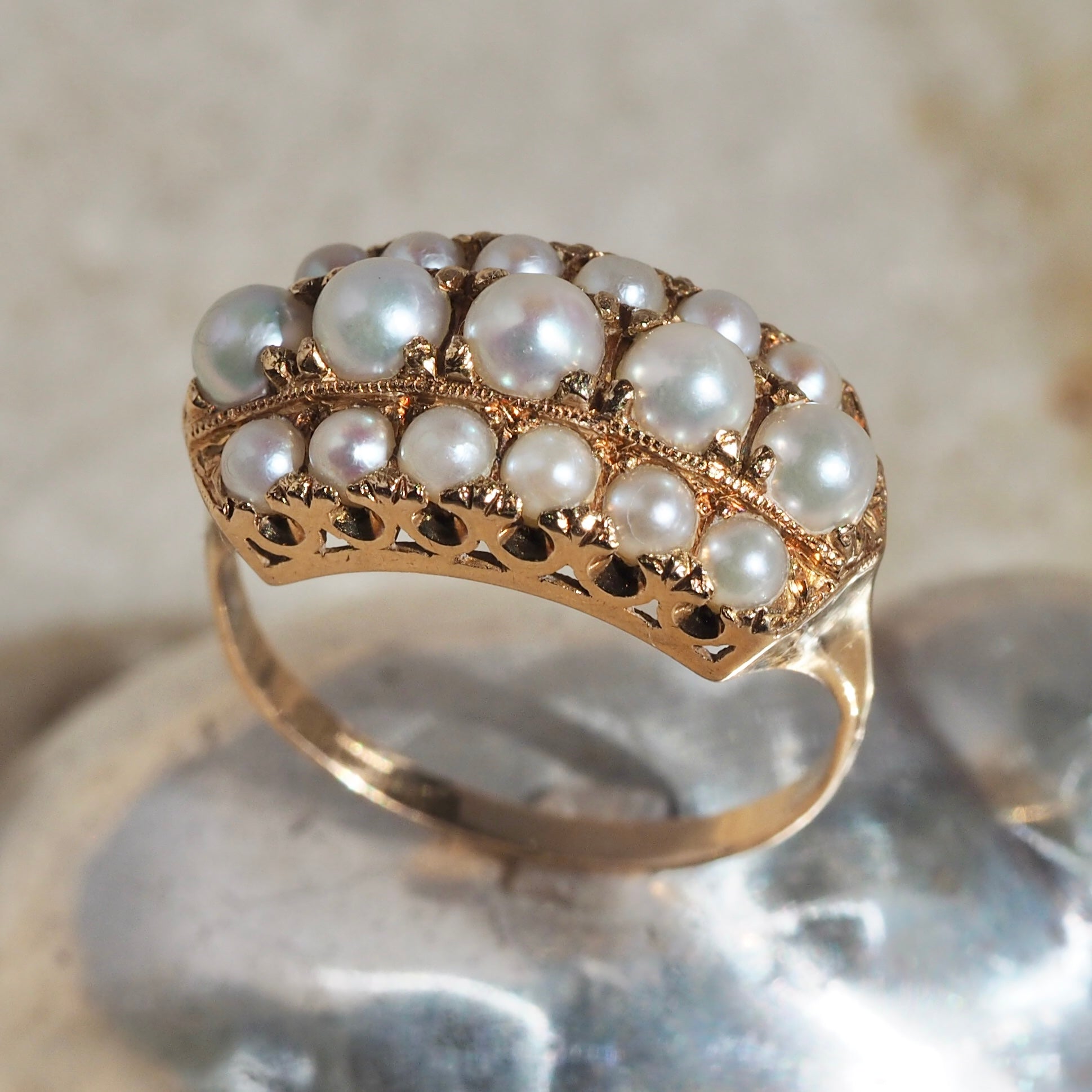 Vintage Greek 18k Gold Triple Row Pearl Ring