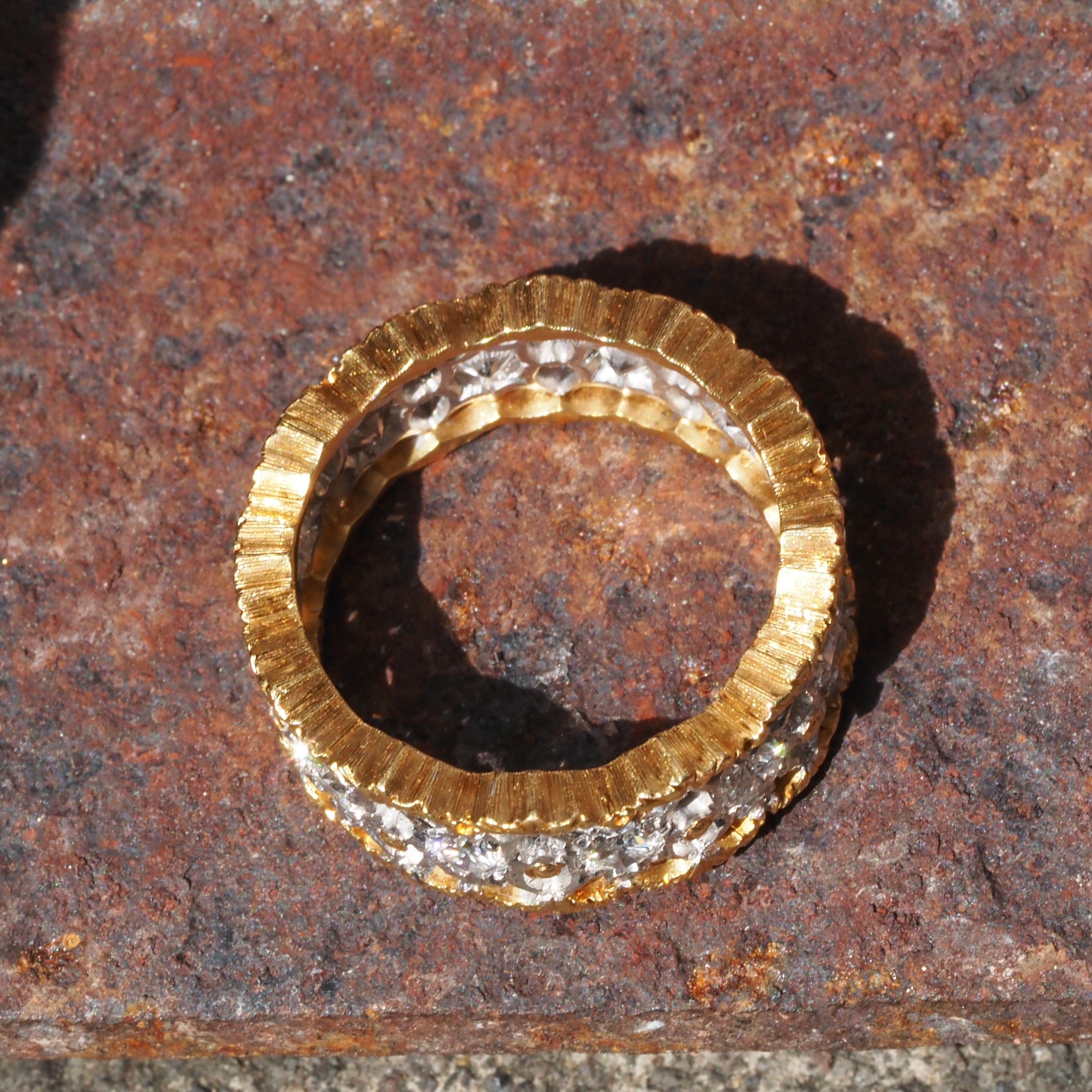 Vintage Italian 18k White and Yellow Gold Diamond Rigato Lace Eternity Ring