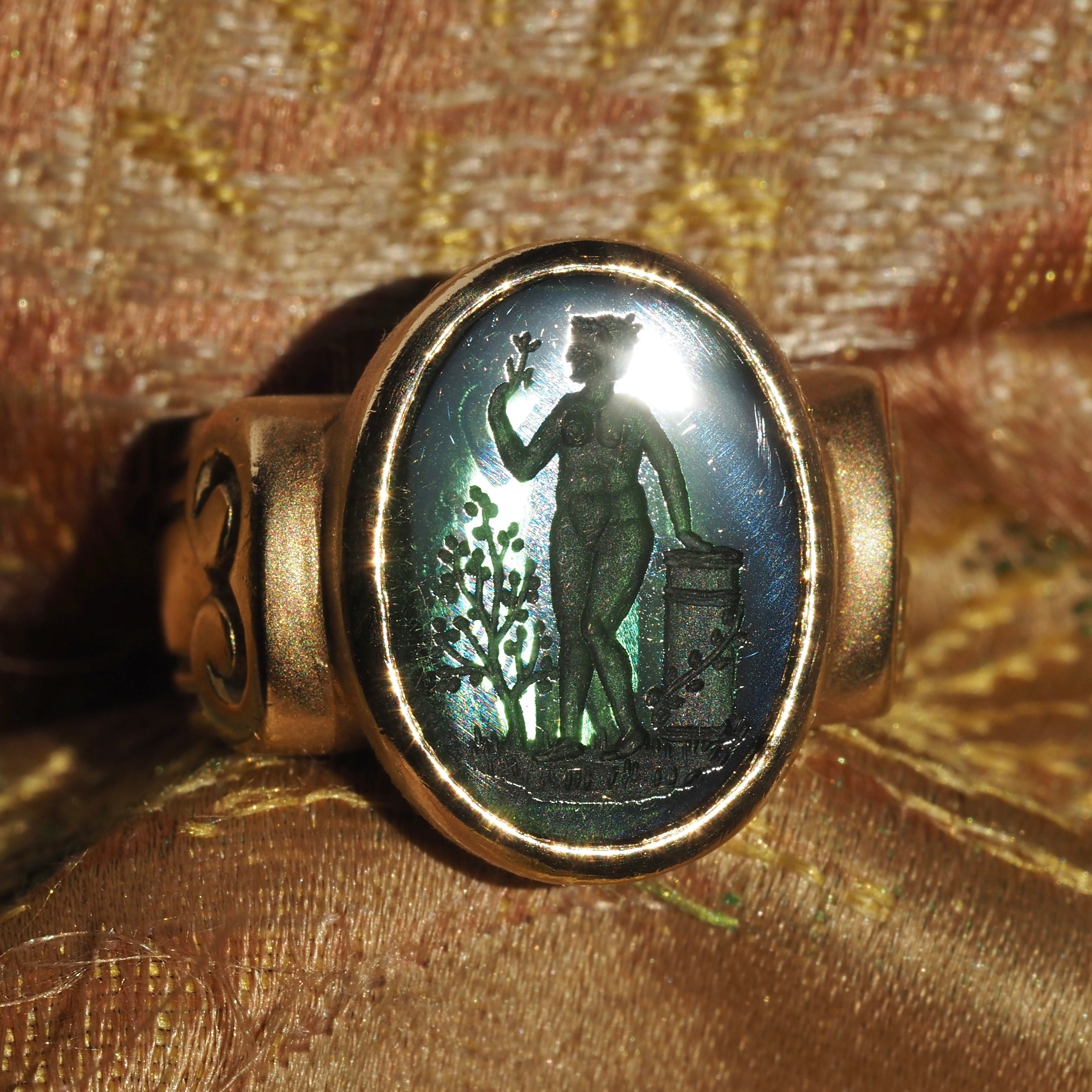 Vintage Classical Style Figurative Intaglio Green Tourmaline 18k Gold Signet Ring