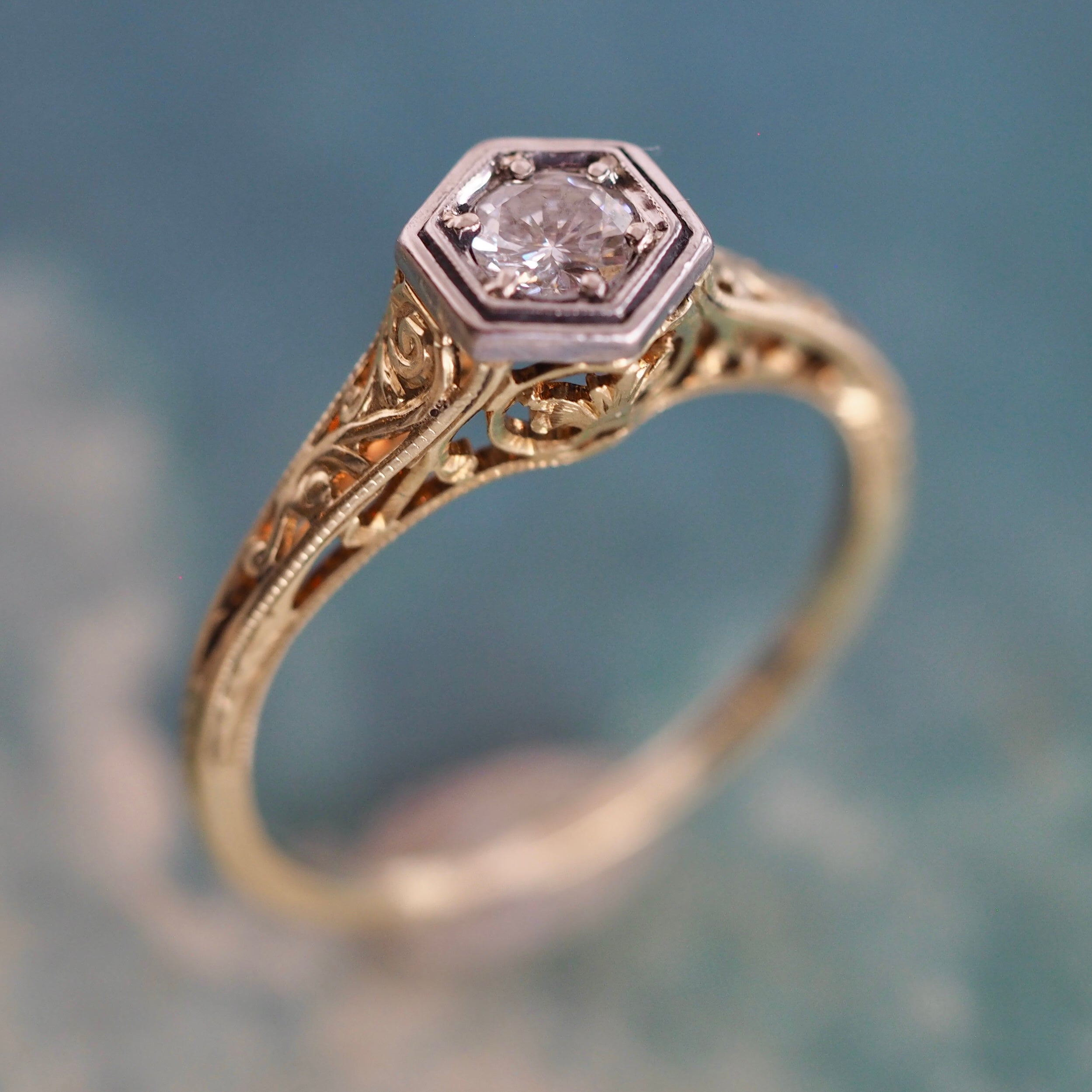 Antique Art Deco 15k Gold and Platinum Hexagon Diamond Ring