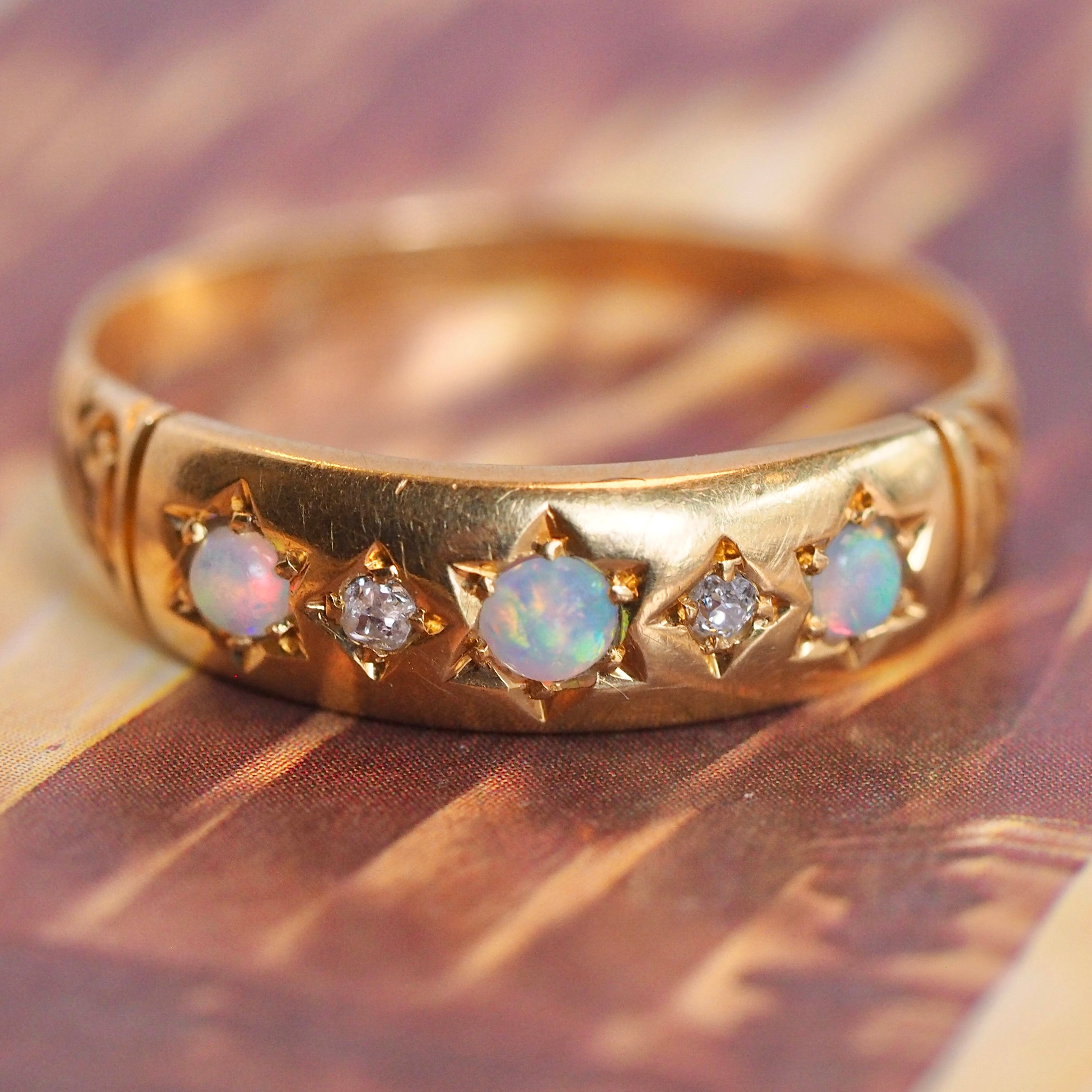Antique Edwardian 18k Gold Opal and Diamond Starburst Fush Set Ring