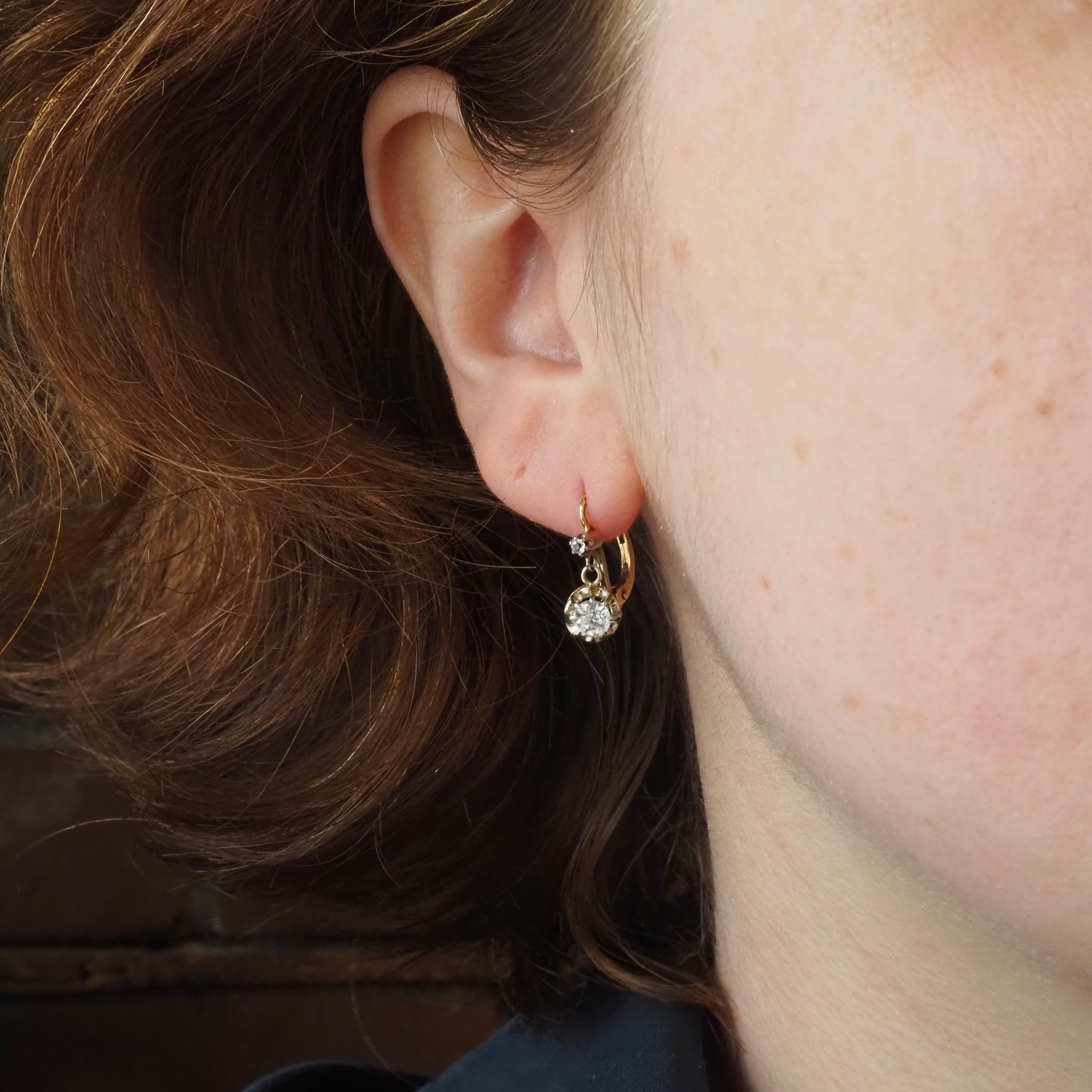 Antique French White Sapphire 18k Gold Earrings