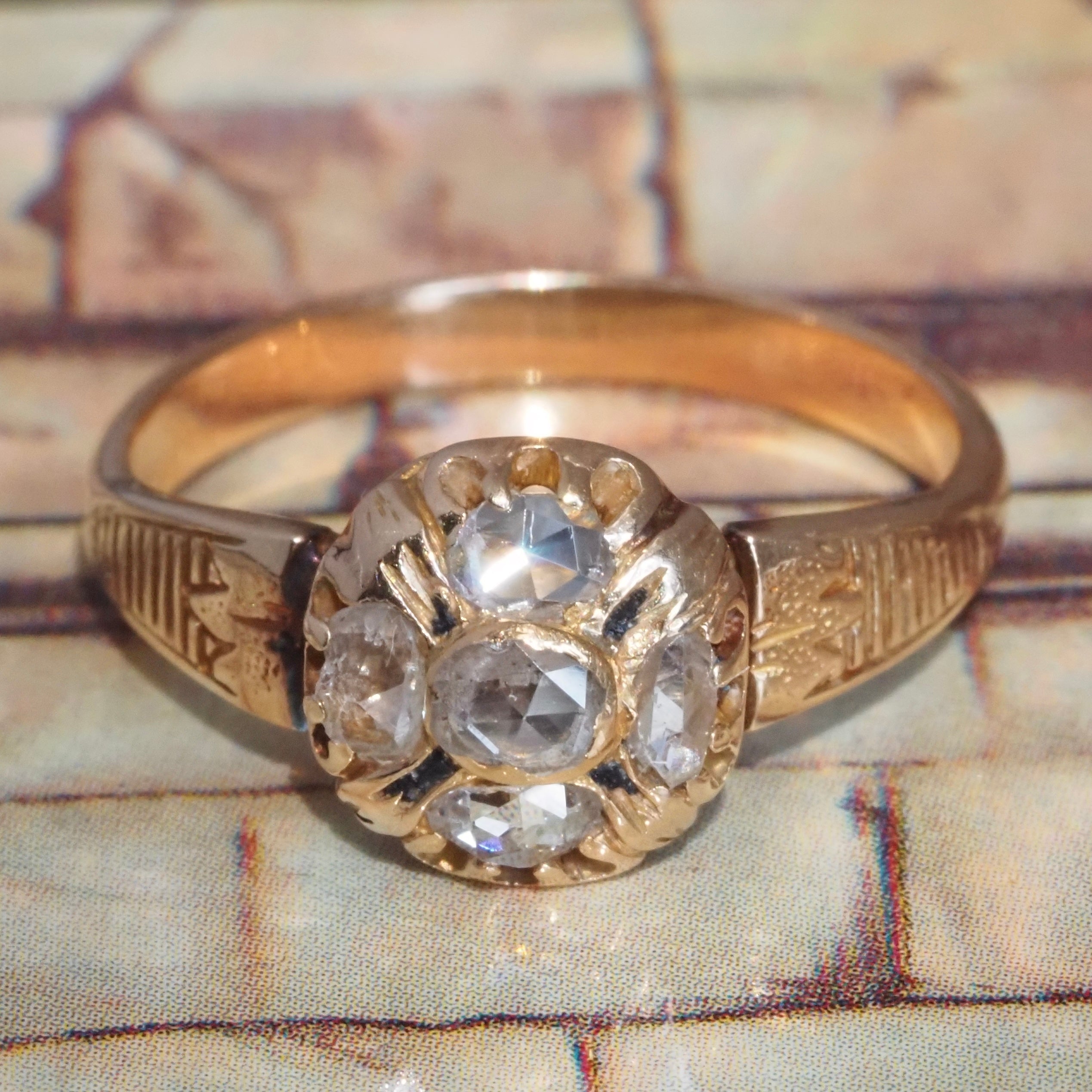 Antique Victorian Rose Cut Diamond Cluster 18k Gold Ring