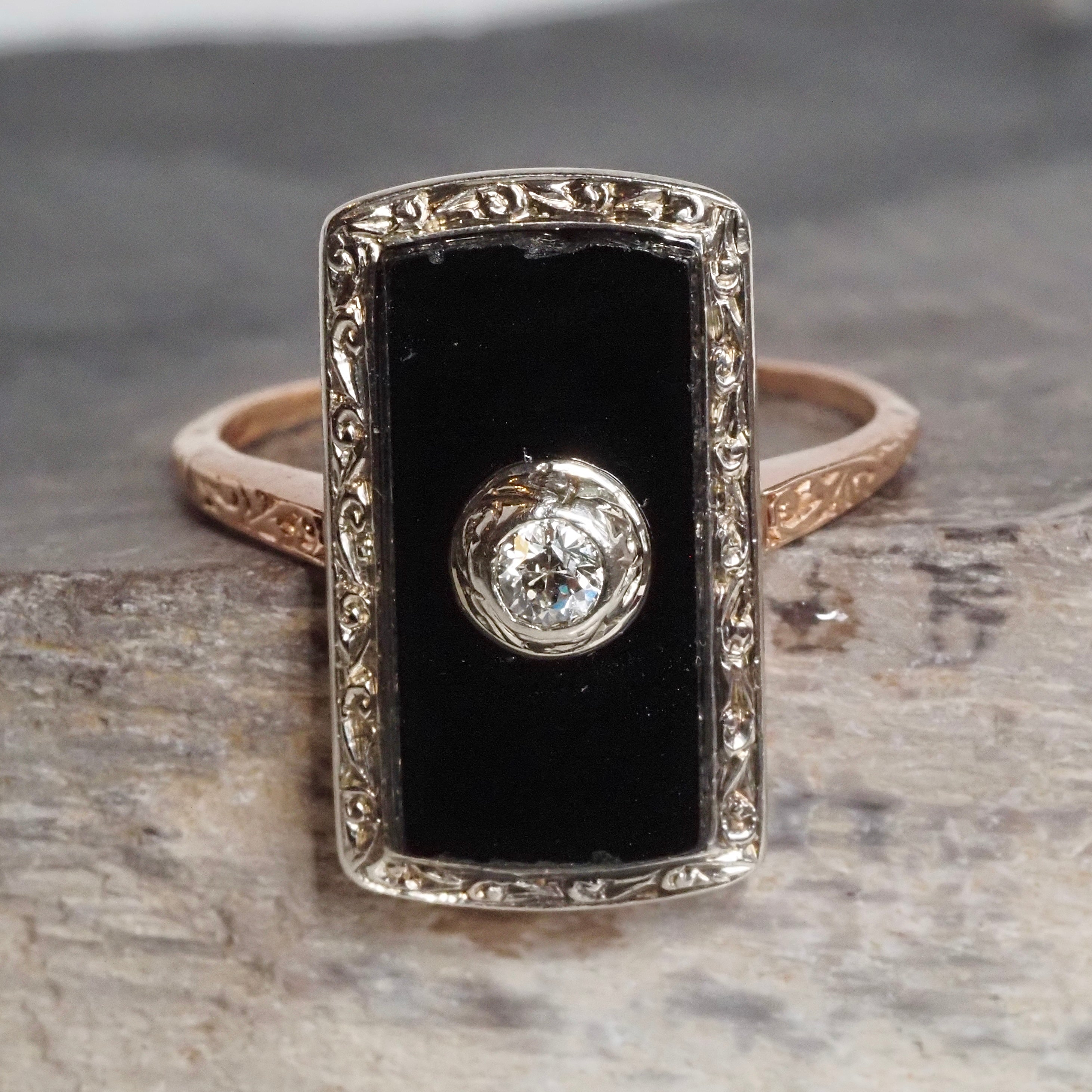 Antique Art Deco 10k White and Rose Gold Onyx and Diamond Ring