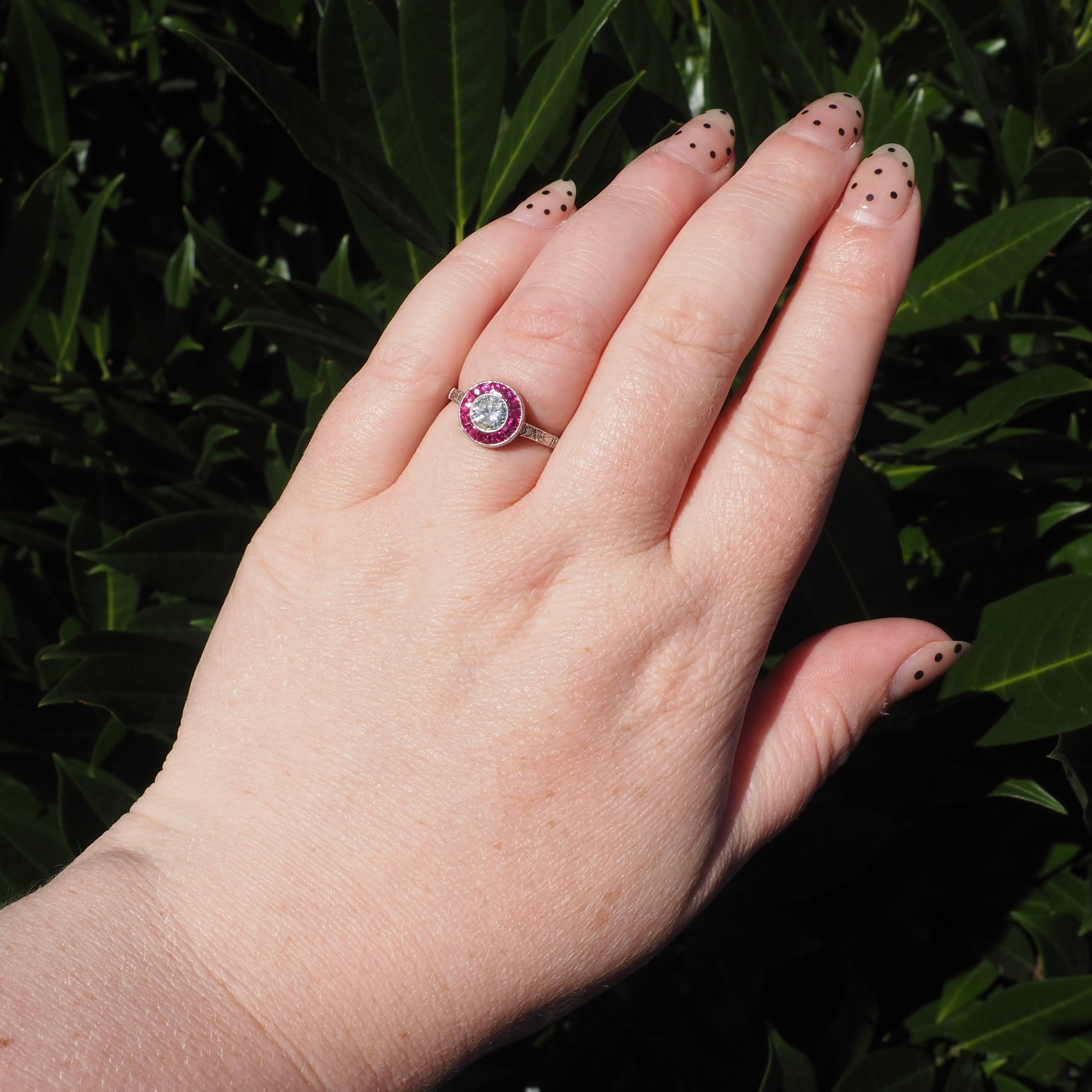 Vintage Art Deco Style French Cut Natural Ruby Diamond Platinum Target Ring