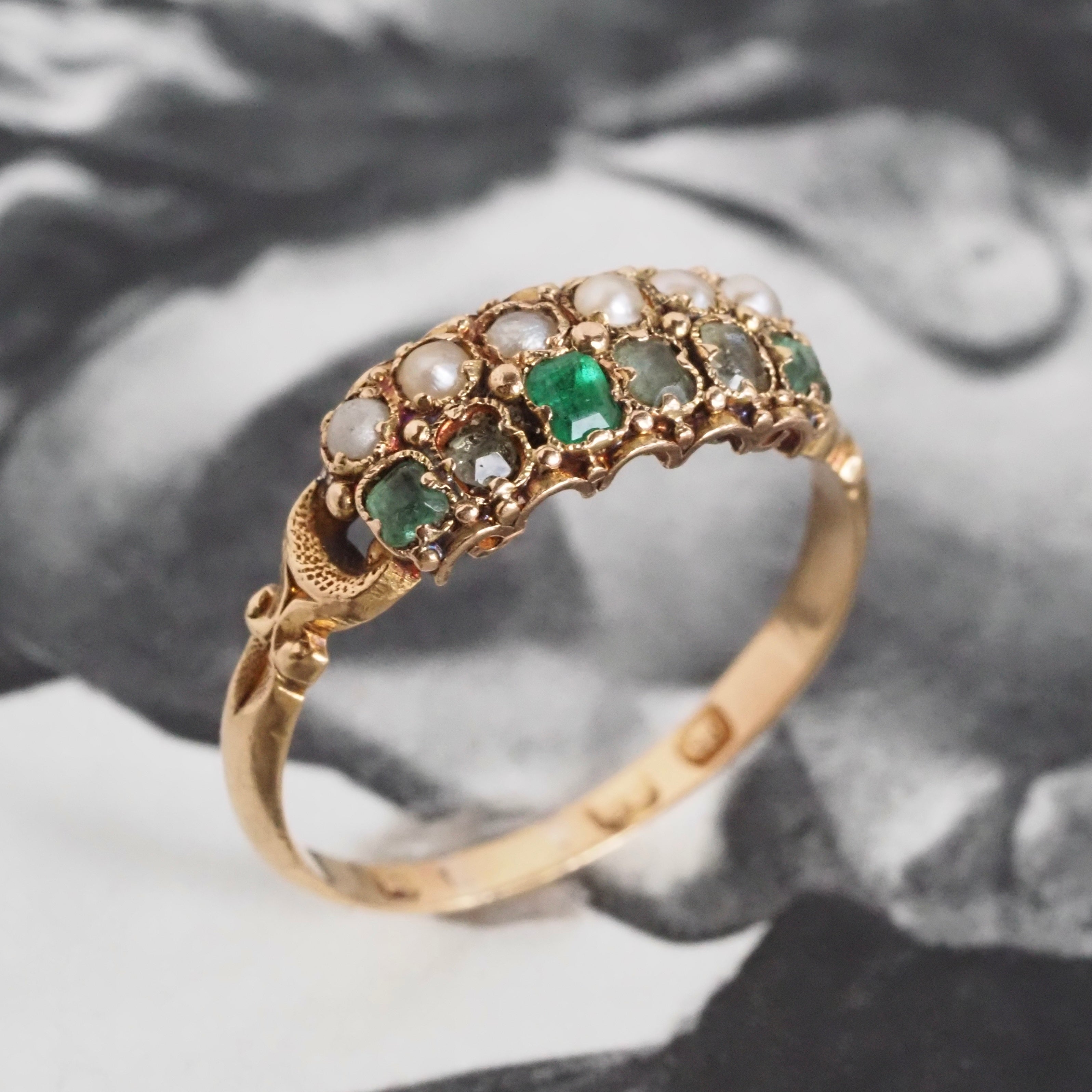 Antique English Victorian Emerald and Paste Seed Pearl 18k Gold Ring