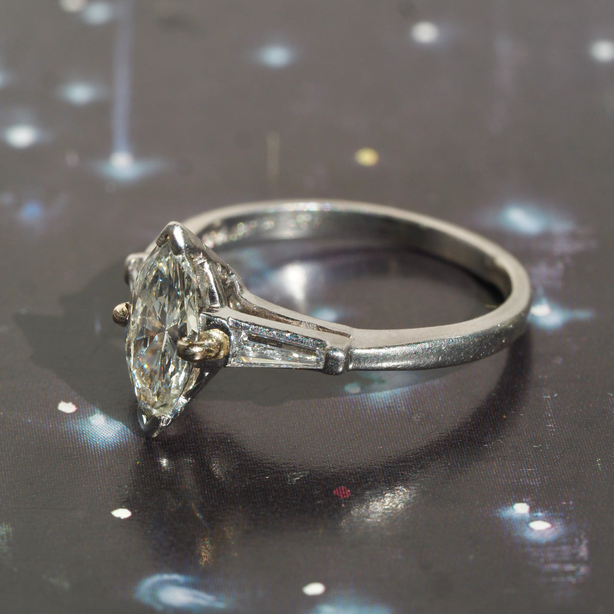 Vintage Marquise and Baguette Diamond Platinum Engagement Ring with 14k White Gold Wedding Band
