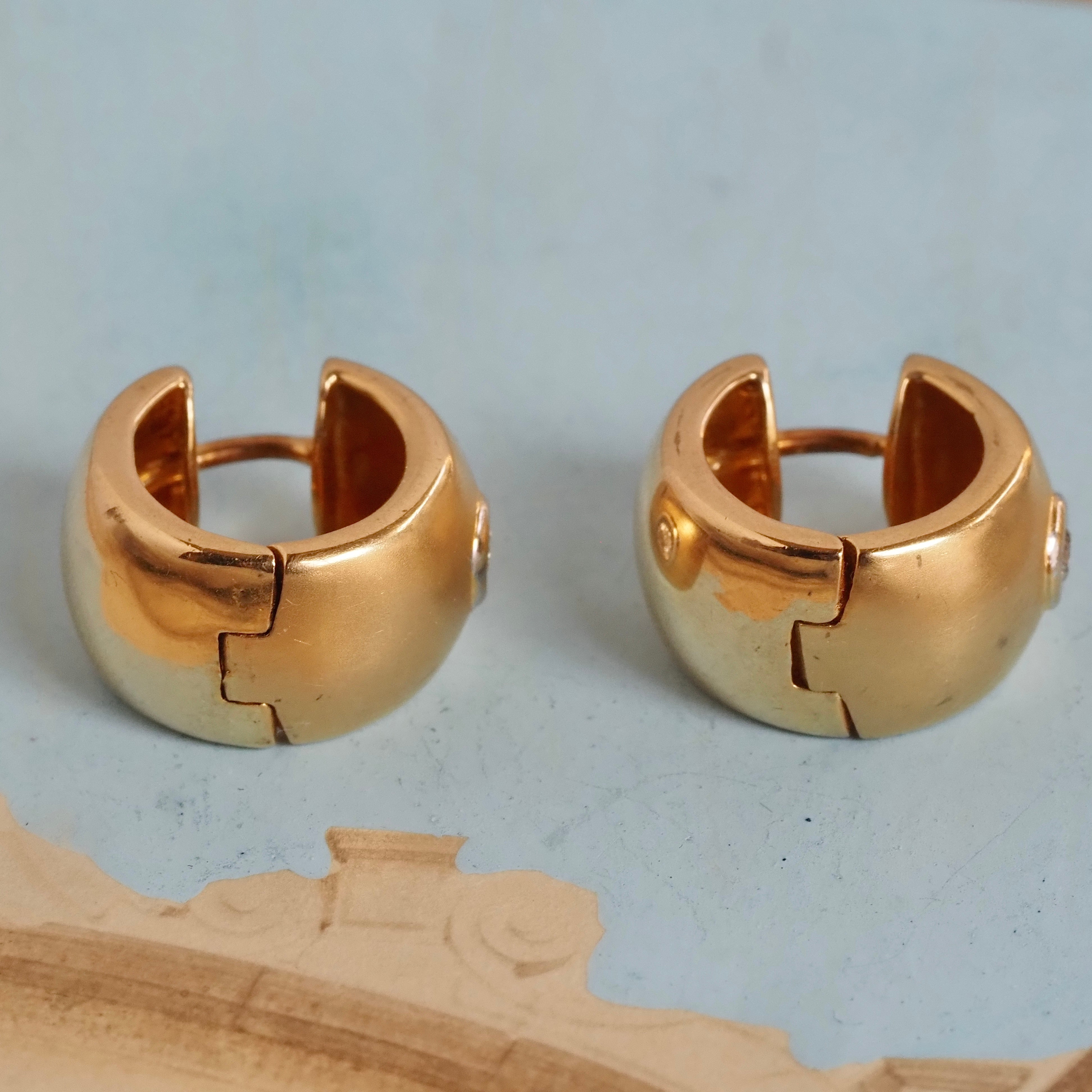 Vintage 18k Gold Brushed Diamond Hinged Huggie Hoops