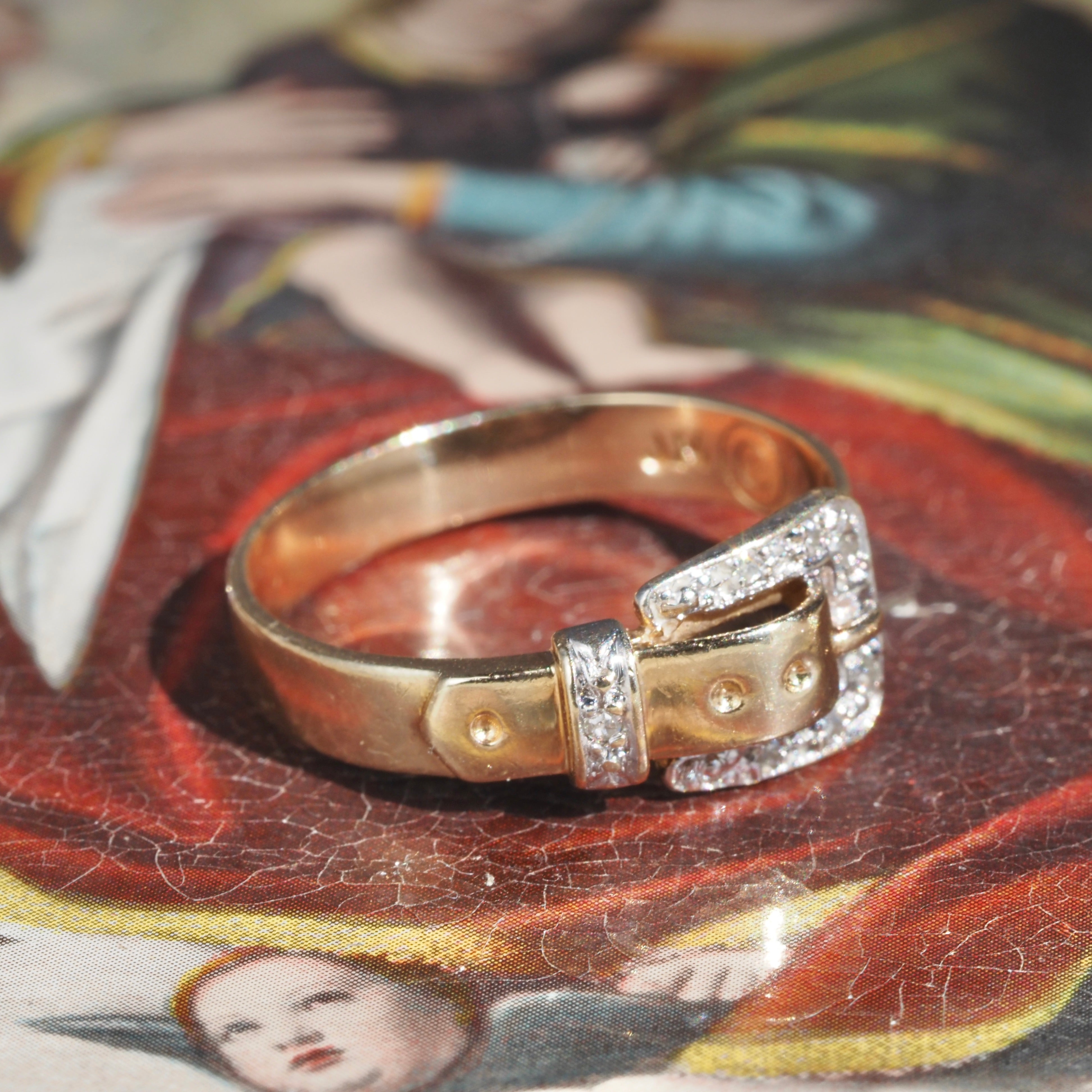 Mid-Century Diamond Belt Buckle 10k Gold Ring