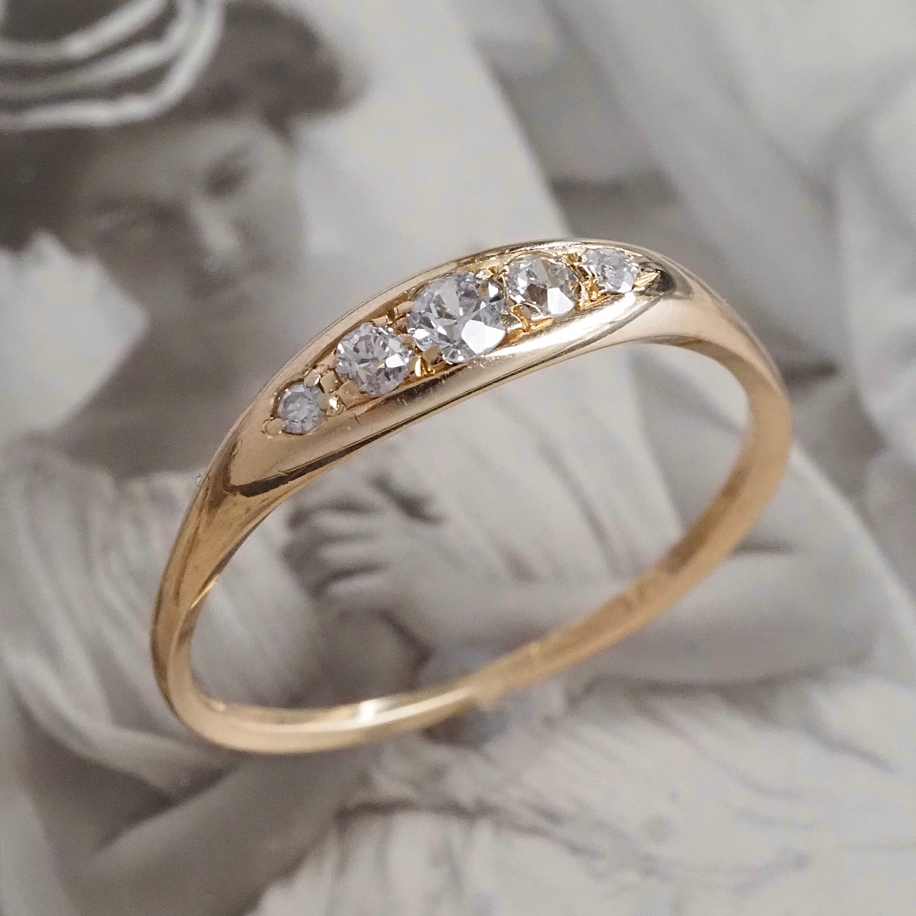 Antique English Old Mine Cut Diamond Five Stone 18k Gold Boat Ring