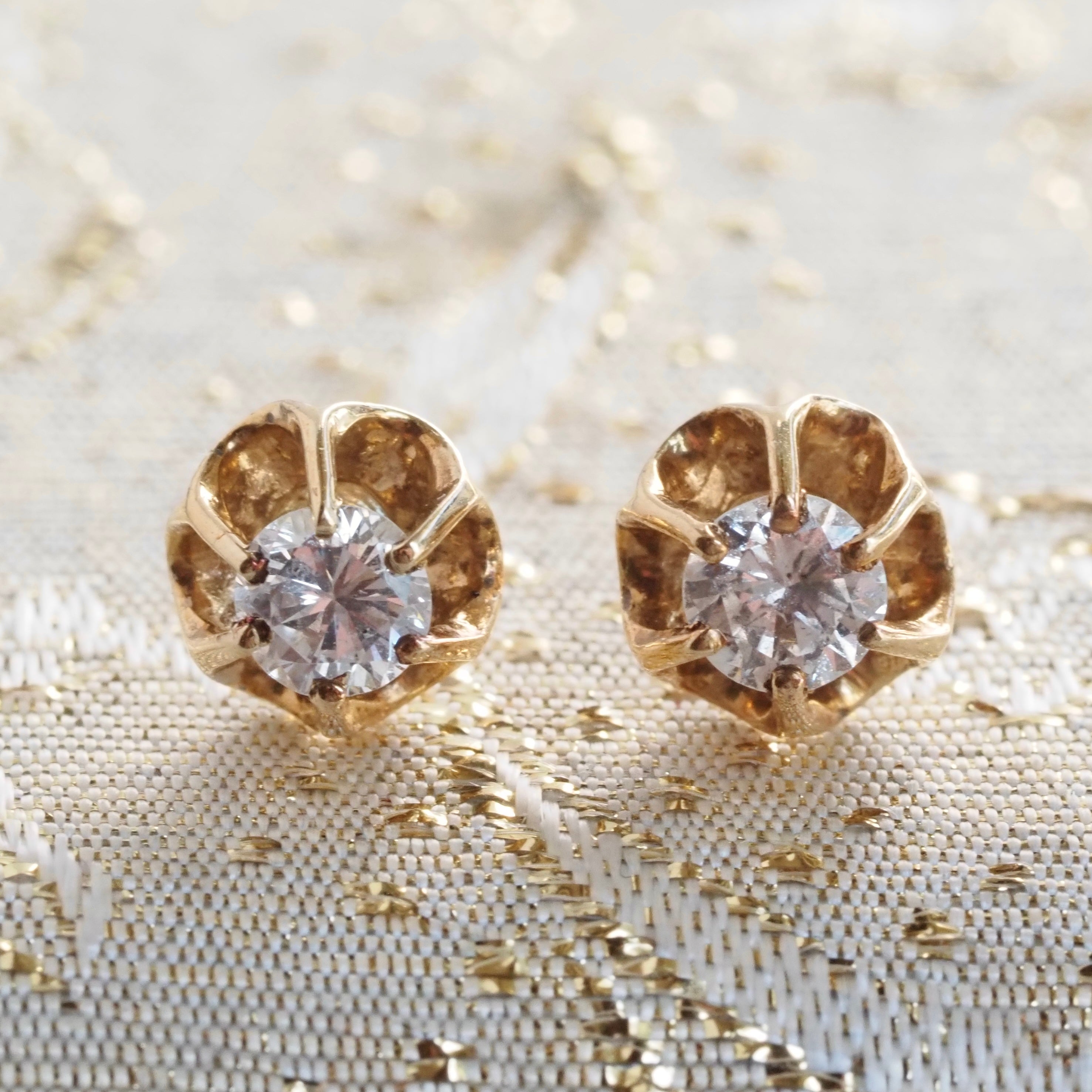Vintage Round Brilliant Cut Diamond Buttercup 14k Gold Earrings