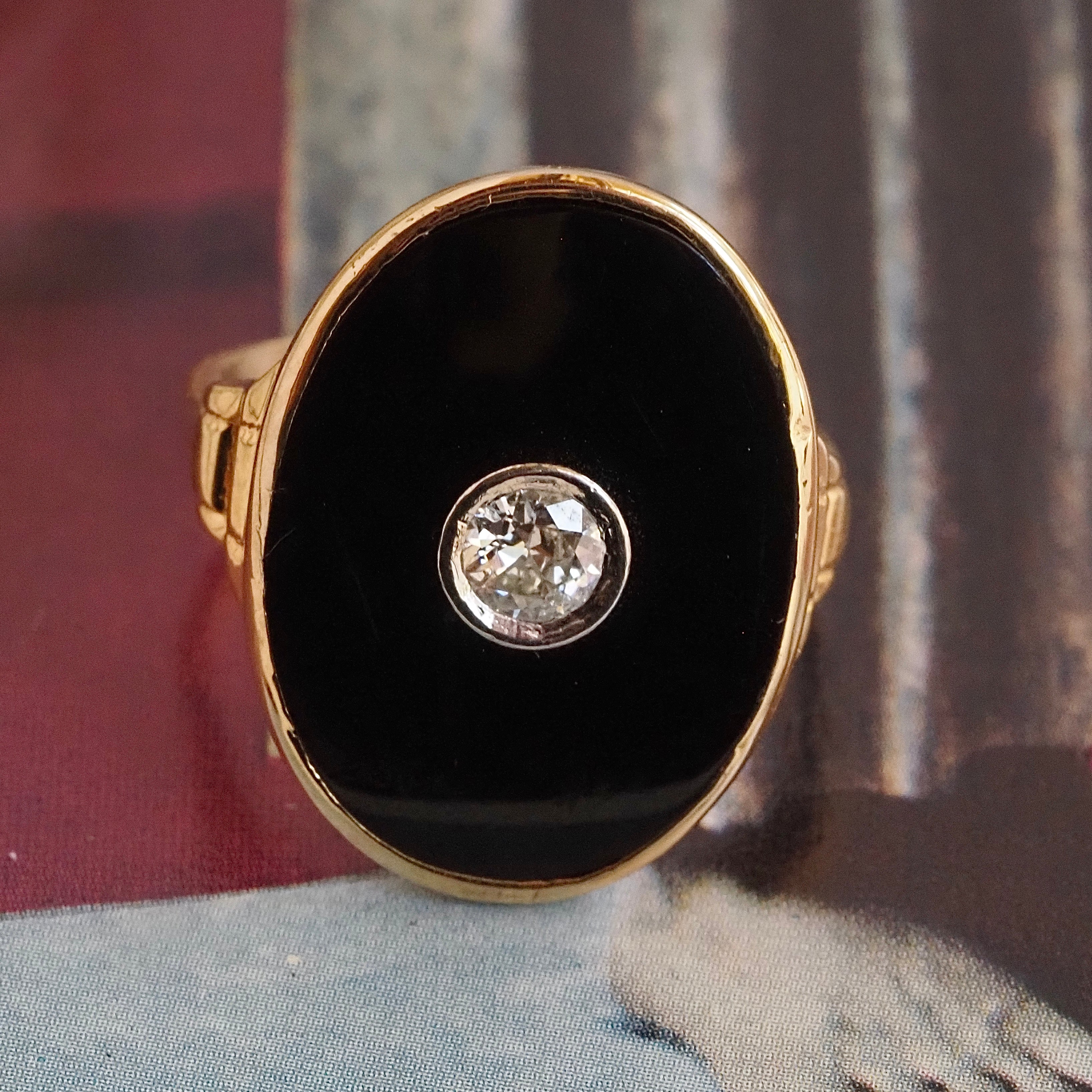 Antique Art Deco Old European Cut Diamond Onyx 14k Gold Ring