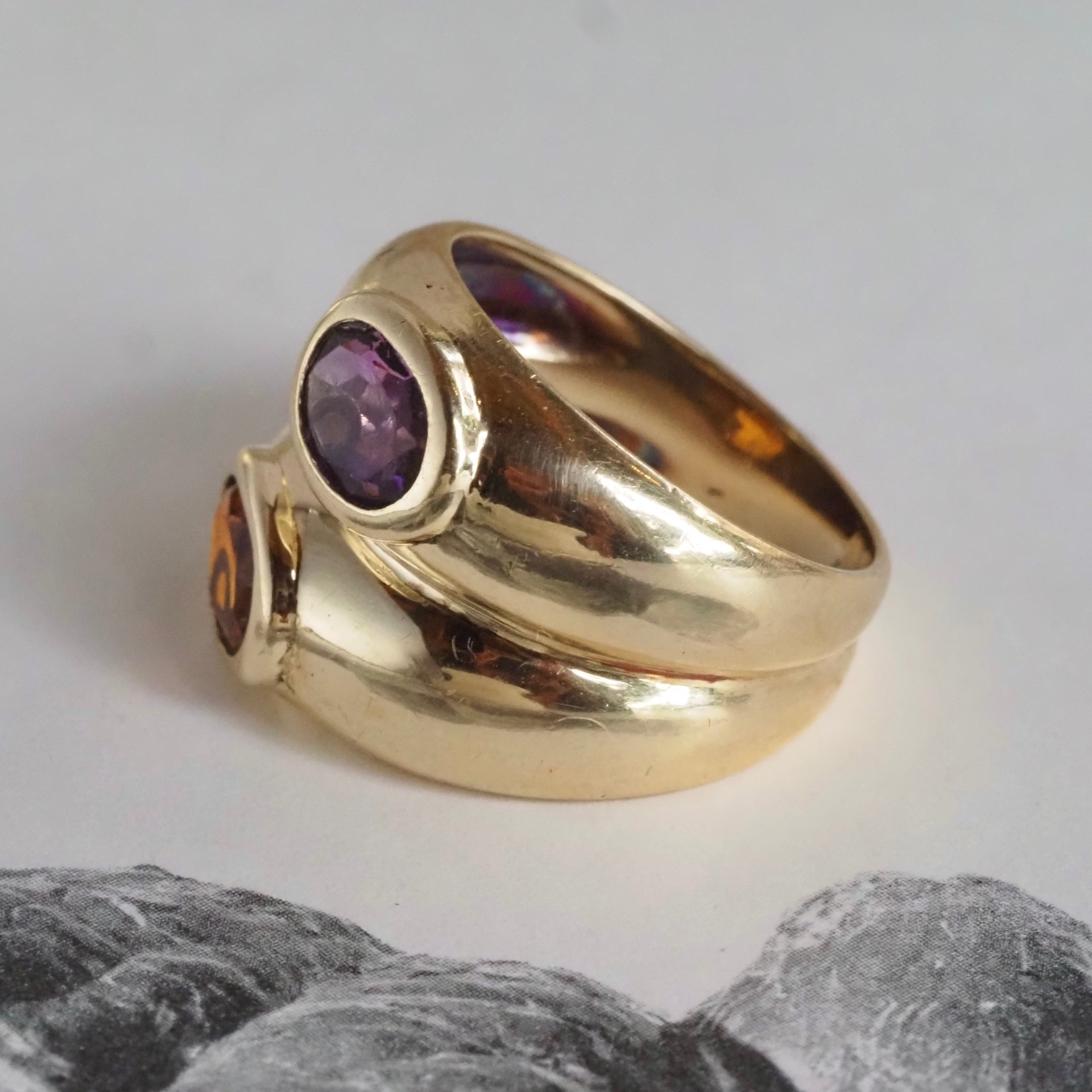 Vintage Citrine and Amethyst Double Dome Bezel Set 14k Gold Ring