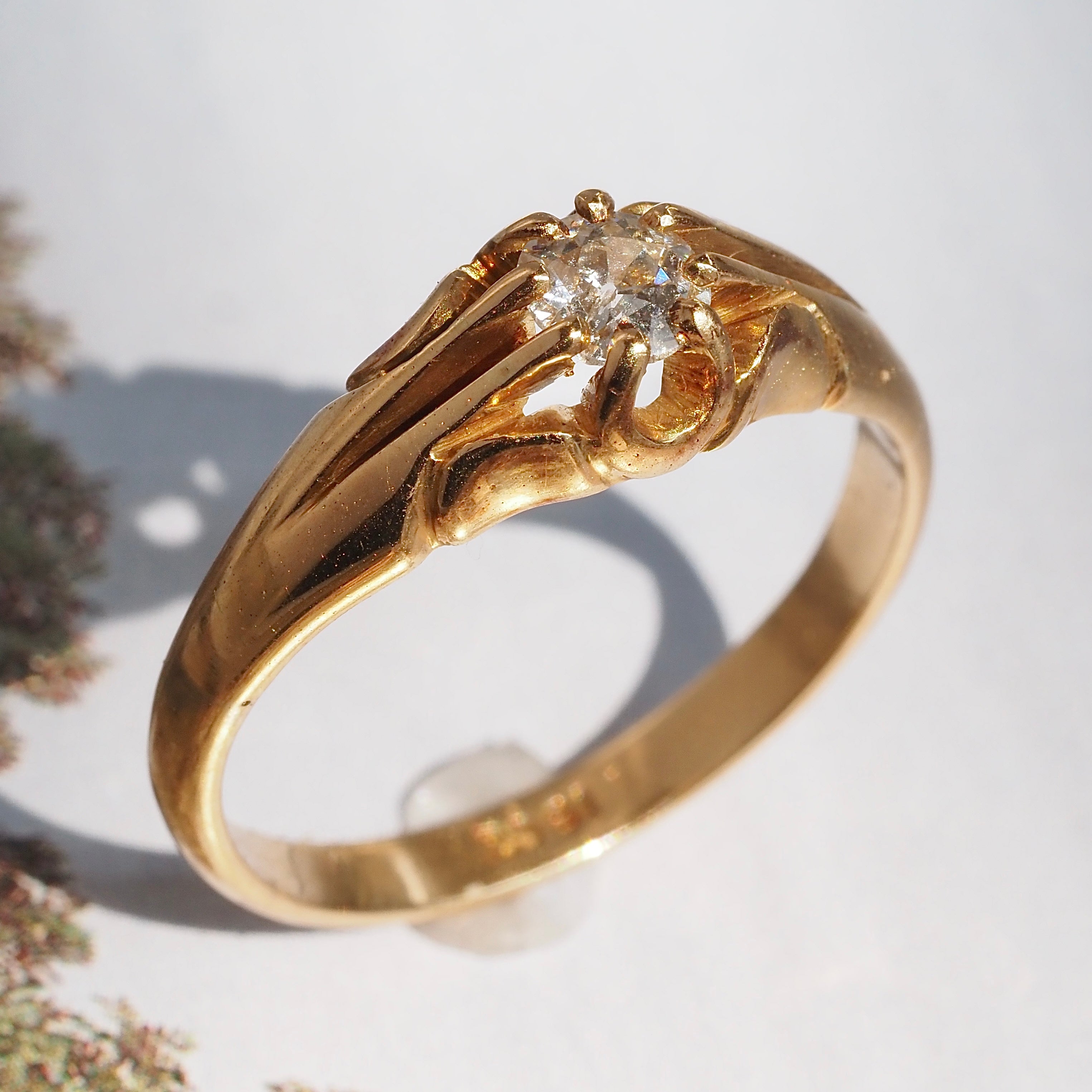 Antique Victorian English 18k Gold Old Mine Cut Diamond Belcher Engagement Ring