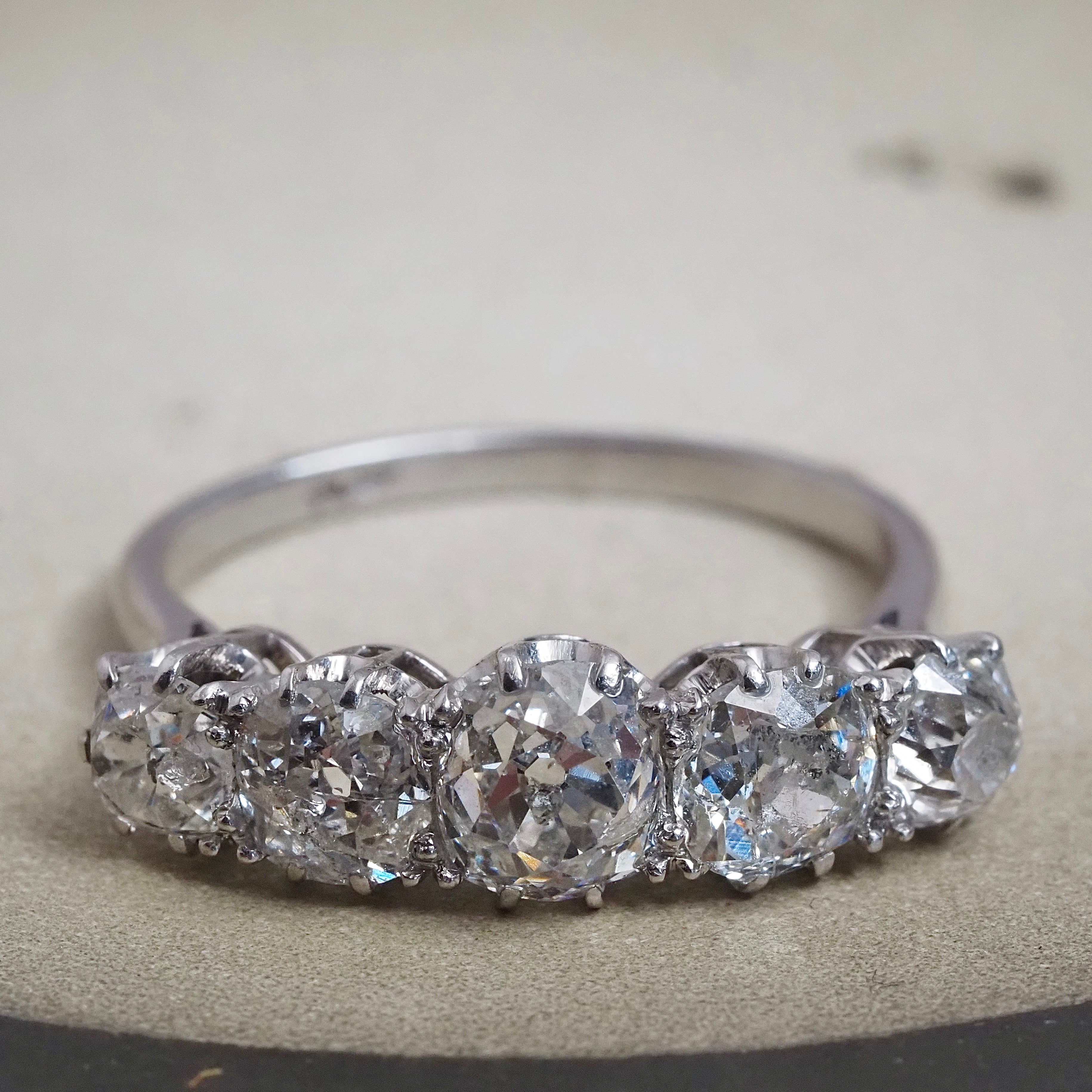 Antique Platinum 3.34ctw Five Stone Old Mine Cut Diamond Ring