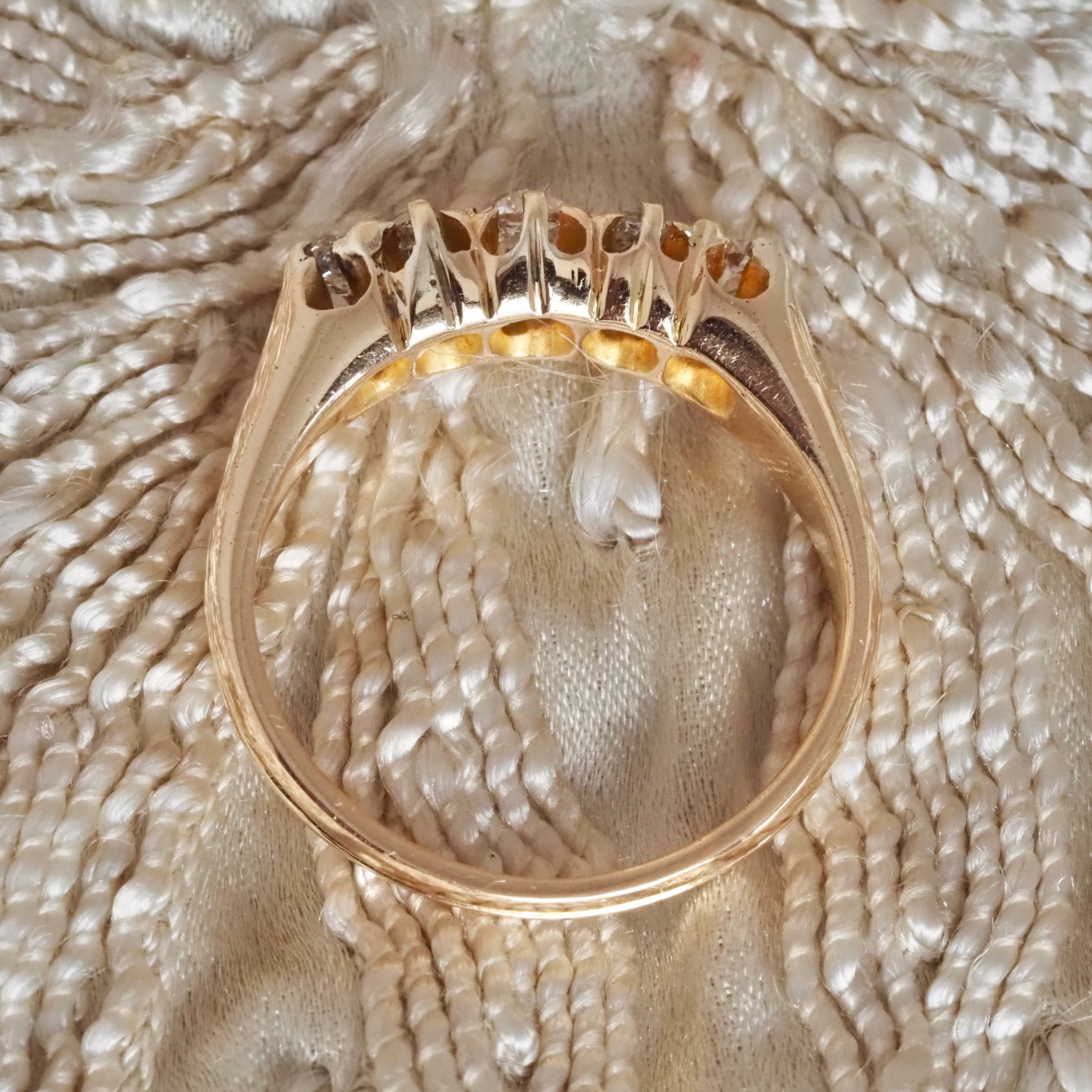 Antique c. 1890s Five Stone Cushion Old Mine Cut Diamond 14k Gold Engagement Ring
