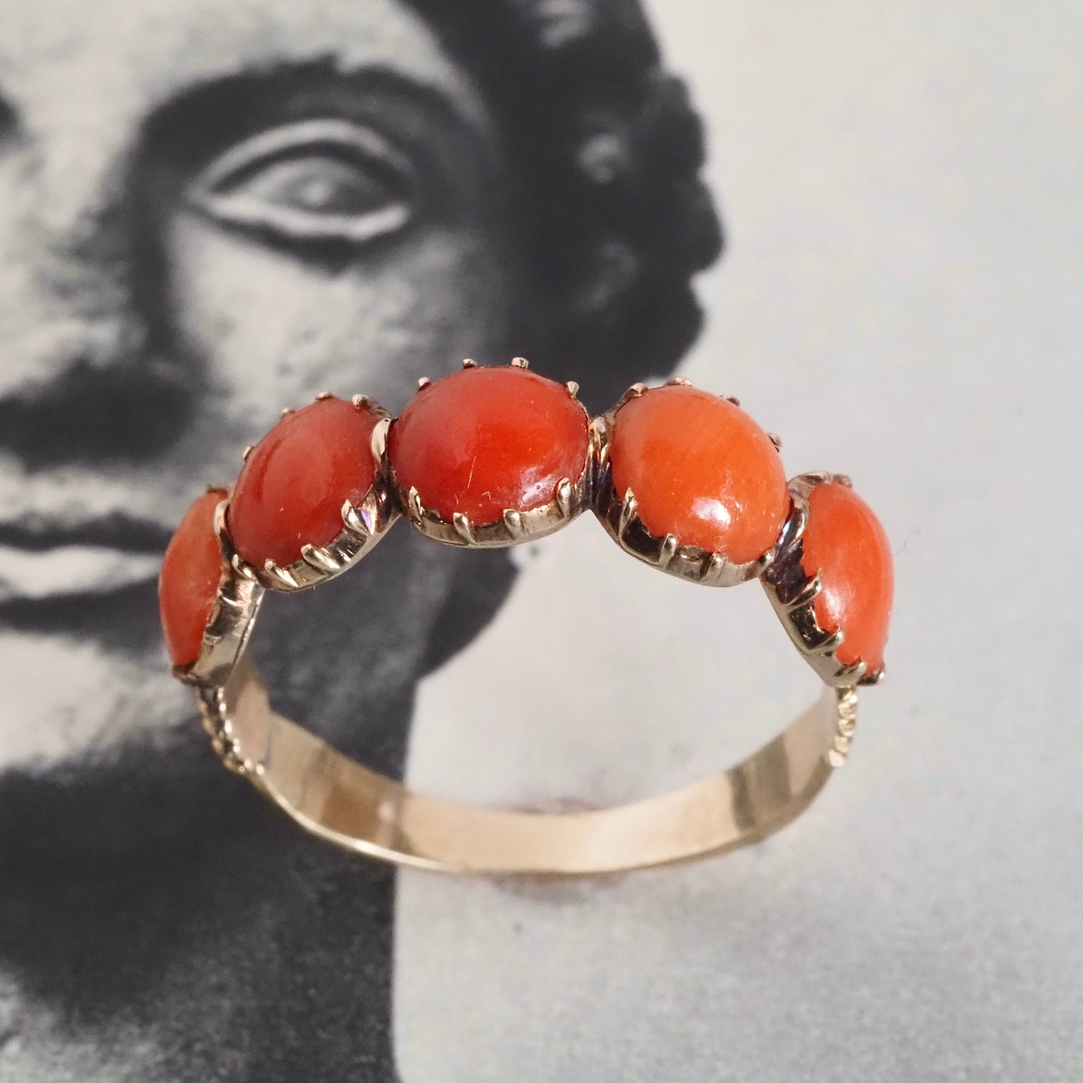 Antique Georgian Five Stone Coral 14k Gold Ring
