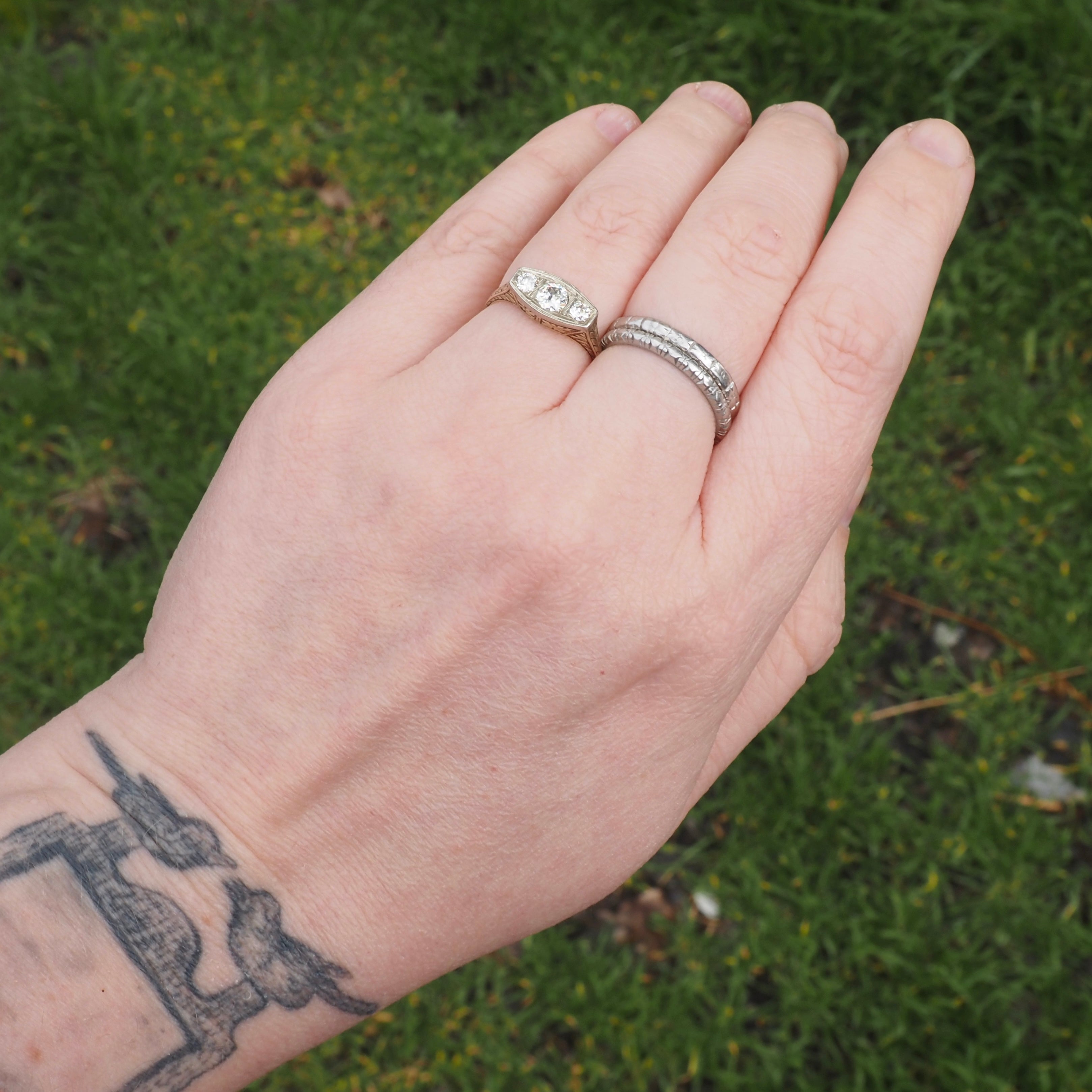 Antique Art Deco Old European Cut Diamond Trilogy 14k Gold Two Tone Engagement Ring