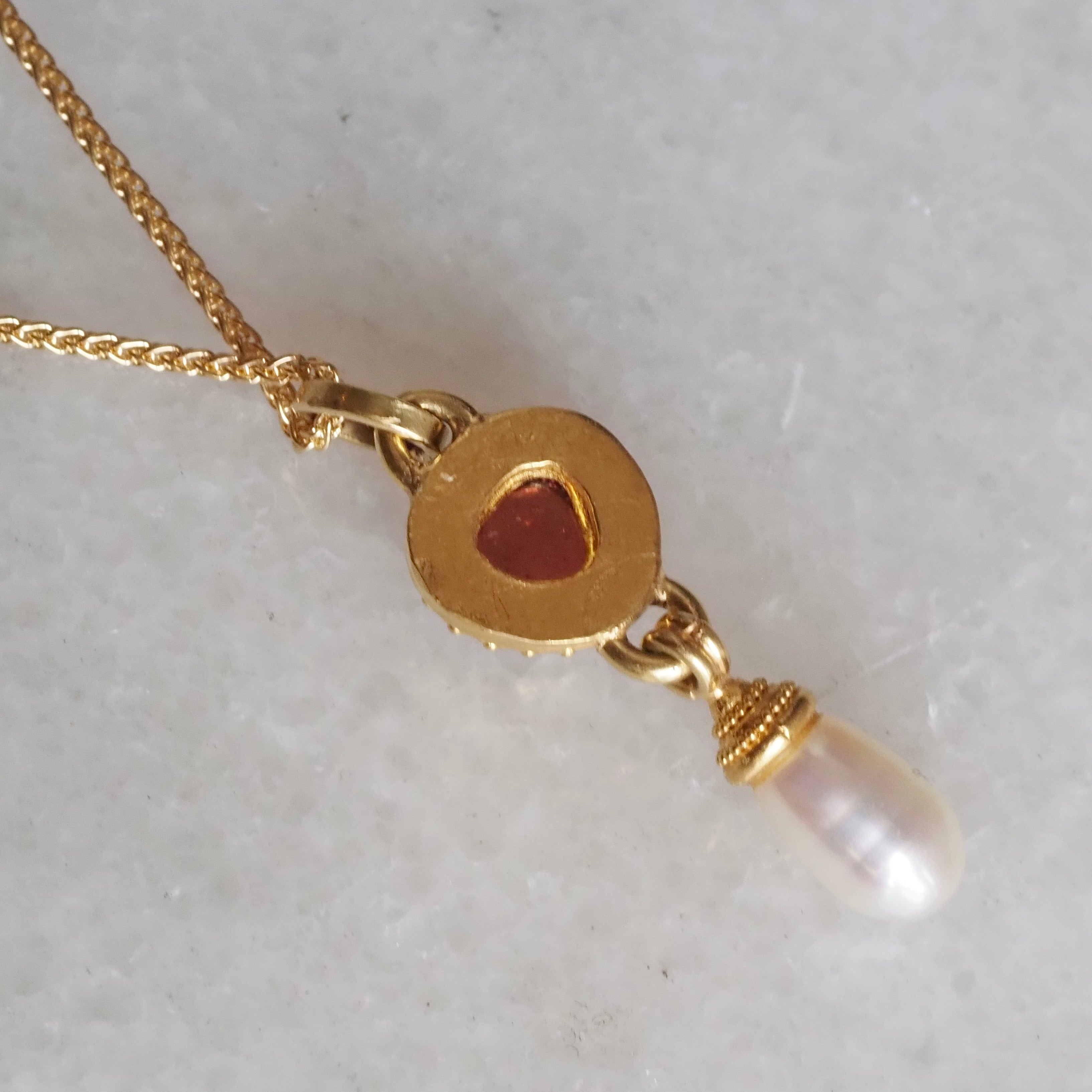 22k Gold Heart Tourmaline and Pearl Pendant