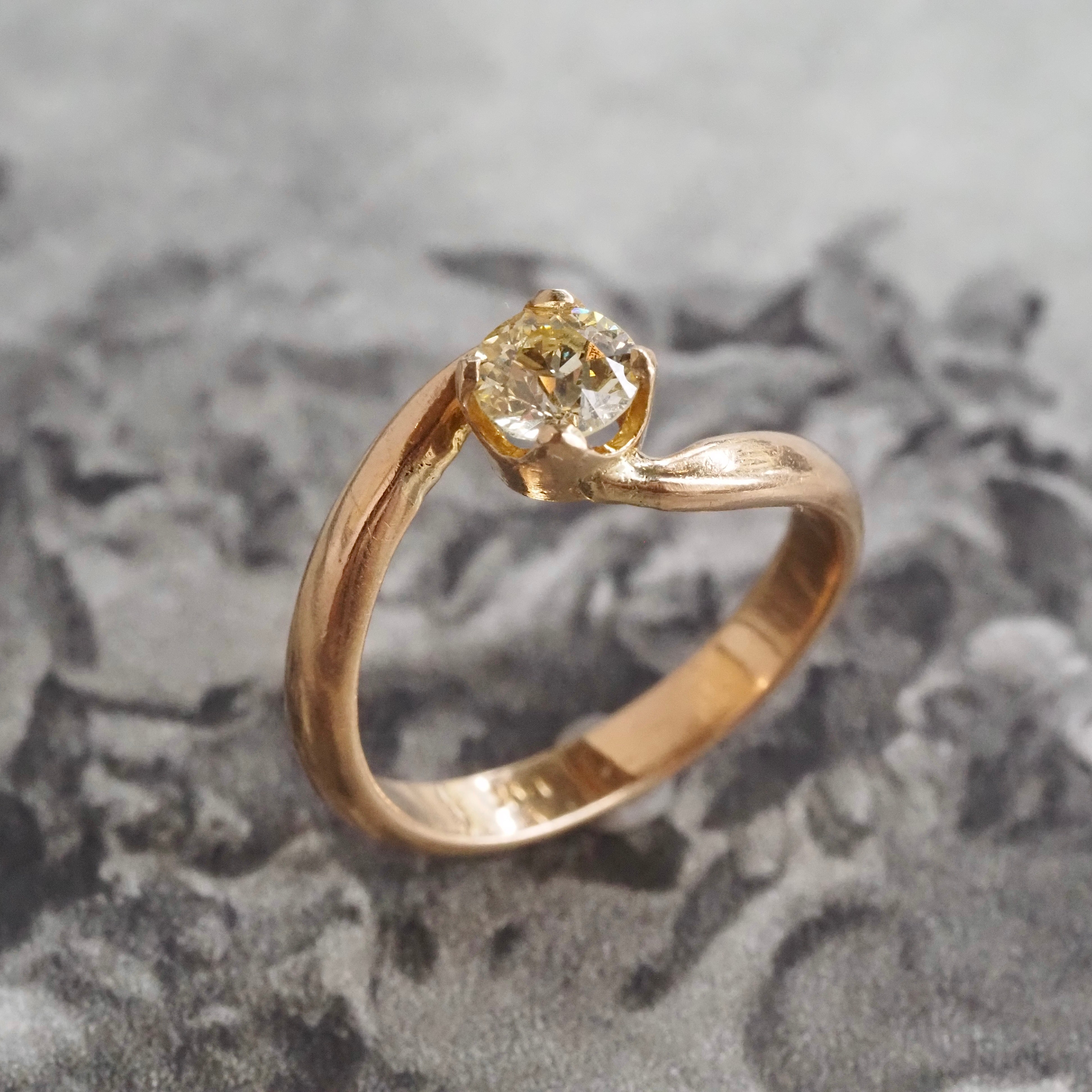 Mid-Century Light Yellow Old European Cut Diamond 14k Gold Bypass Solitaire Engagement Ring