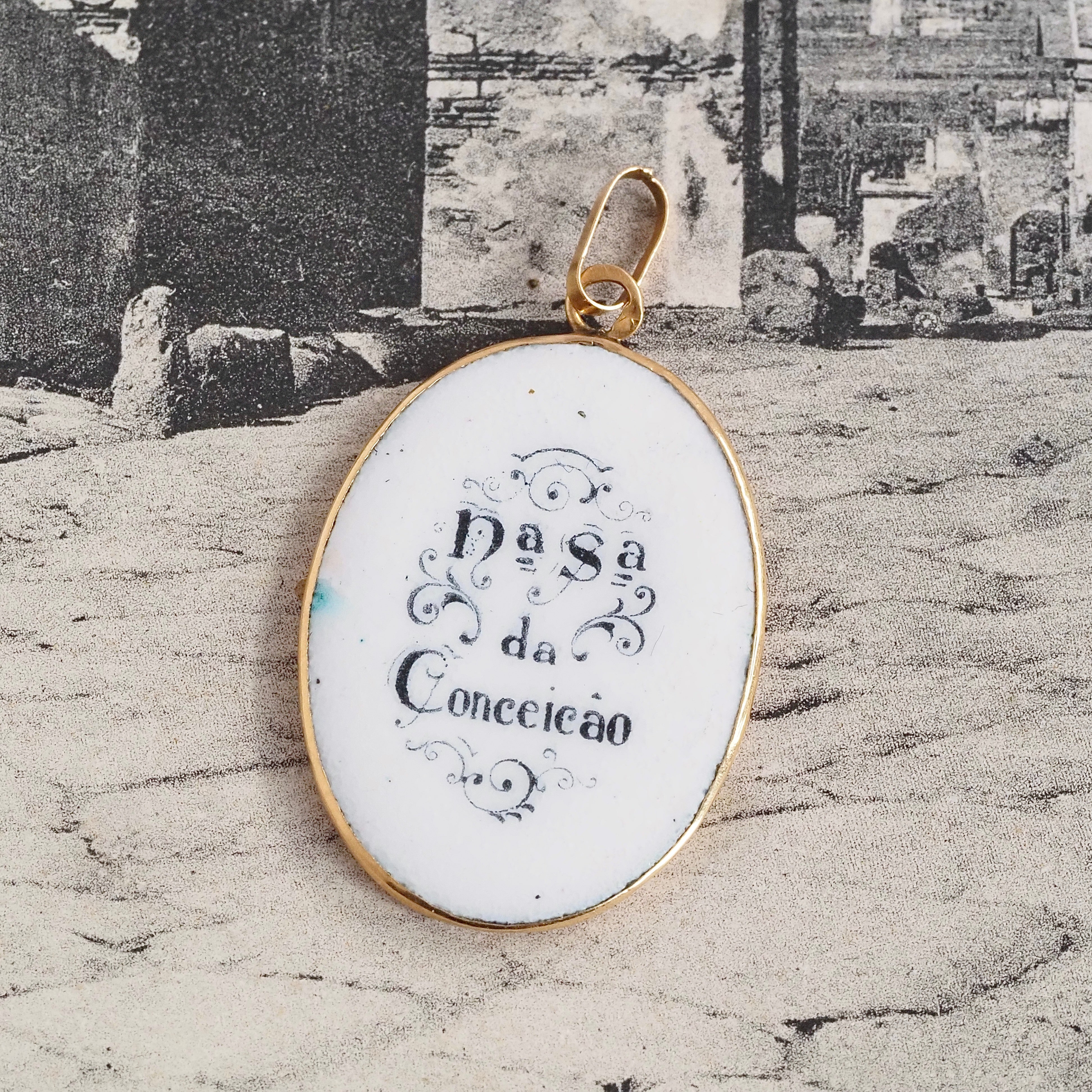 Antique Portuguese 19k Gold and Porcelain Mary Pendant