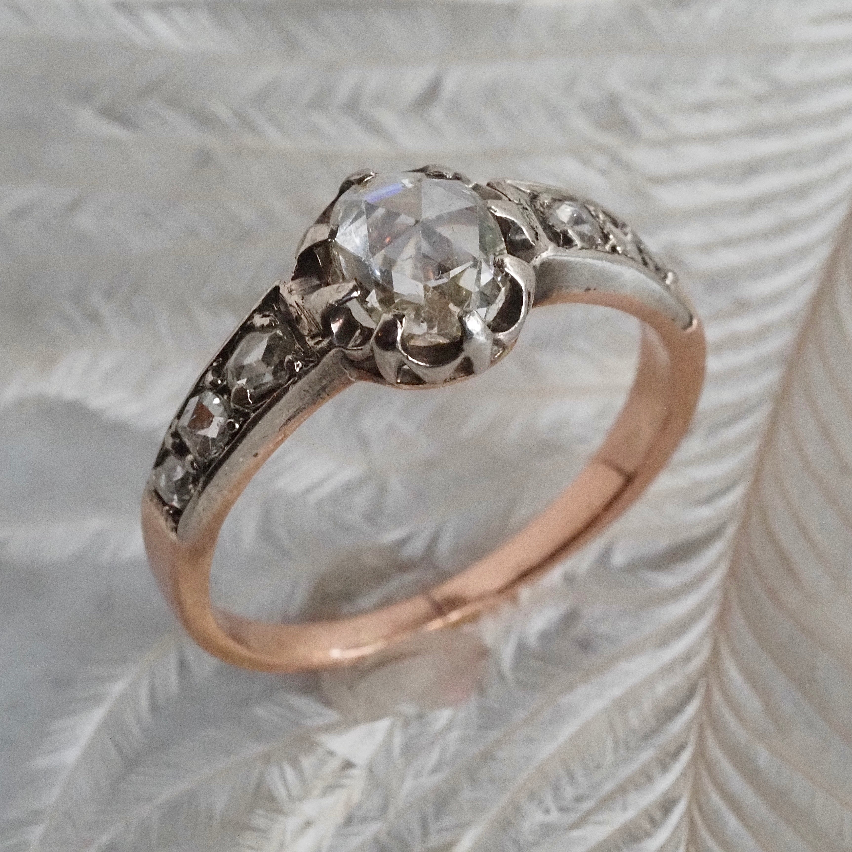 Antique Victorian Rose Cut Diamond 18k Gold and Silver Engagement Ring