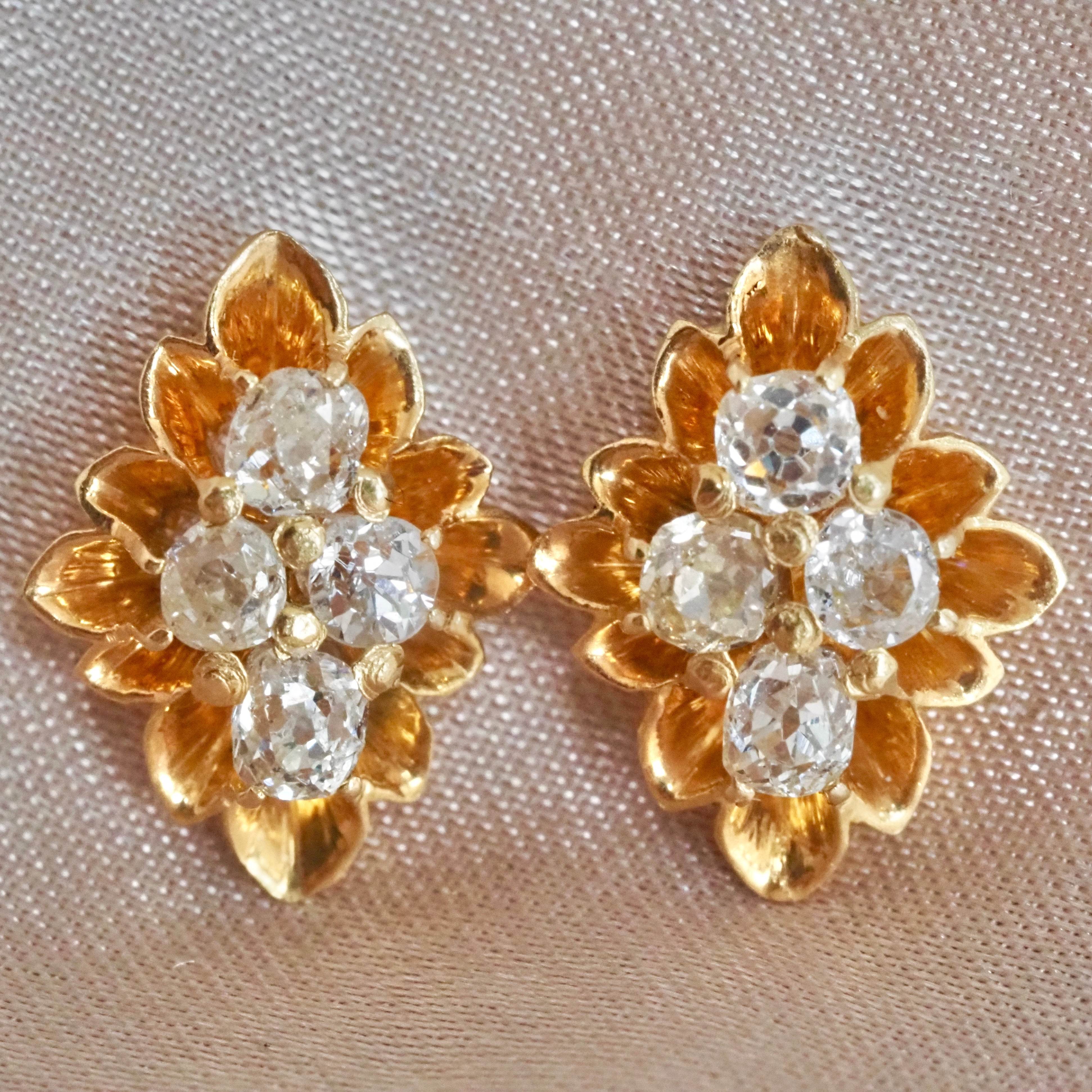 Old Mine Cut Diamond Cluster 14k Gold Stud Earrings