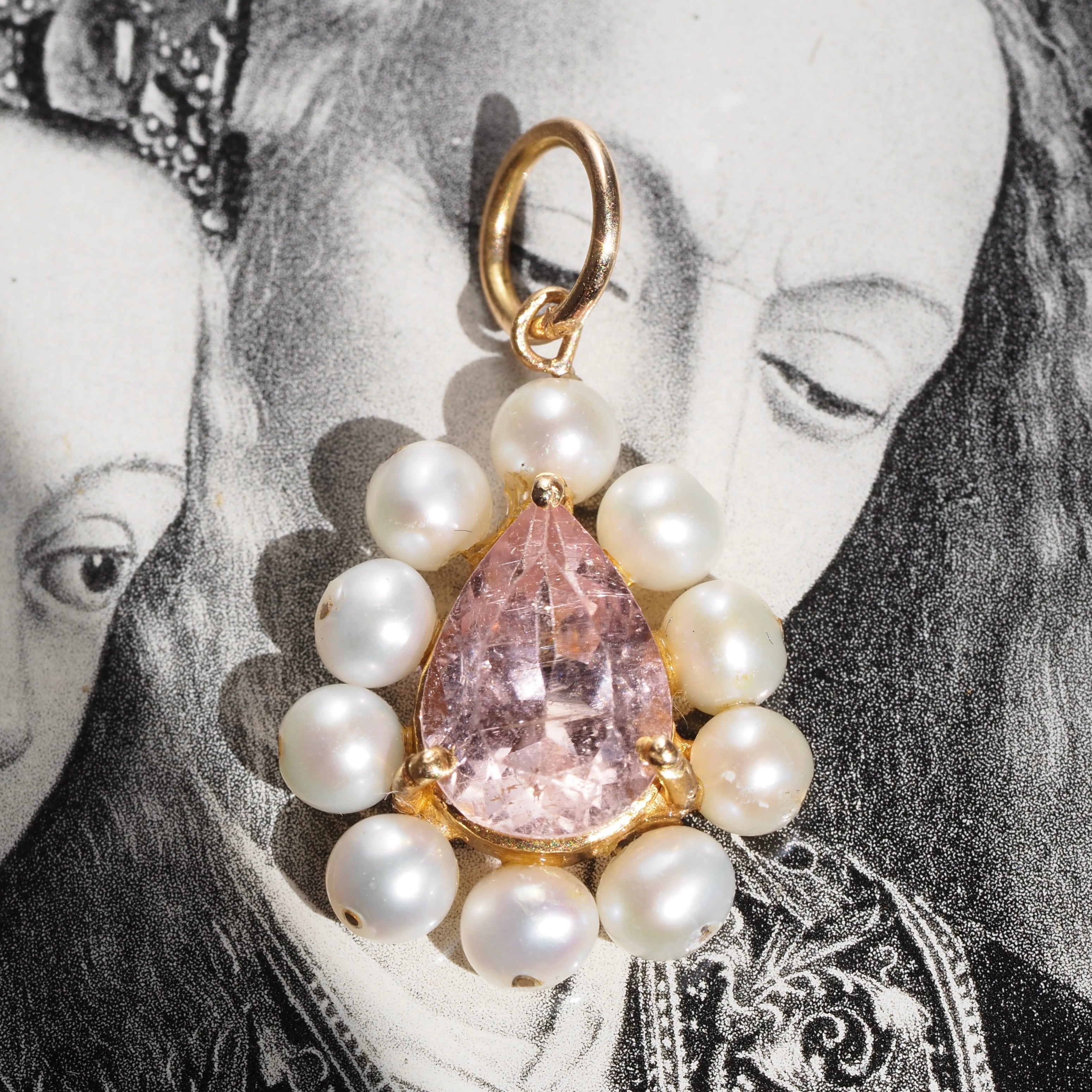 Vintage Pink Tourmaline Pearl 14k Gold  Pendant