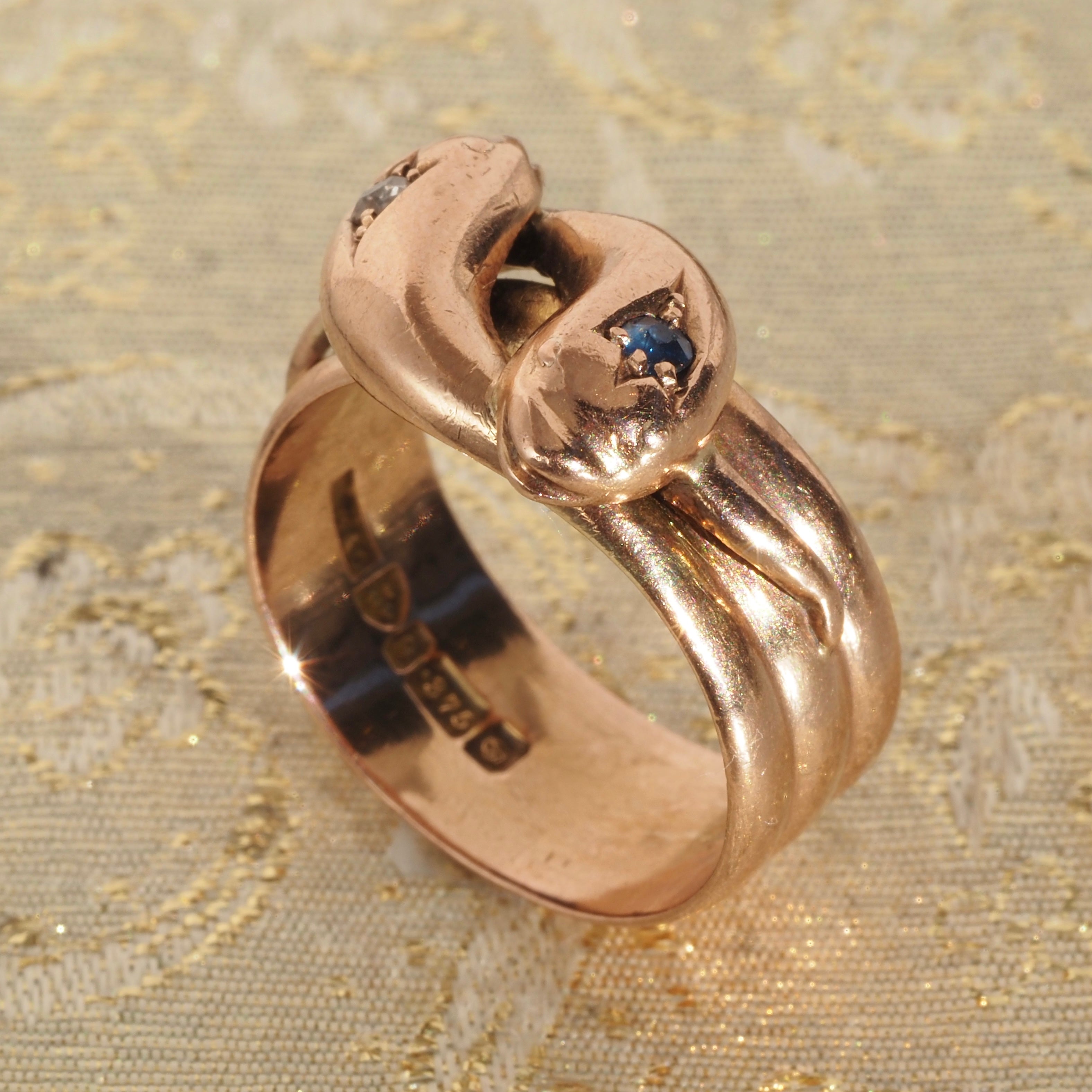 Antique c. 1904 English Old Mine Cut Diamond and Sapphire Double Snake 9k Rose Gold Ring