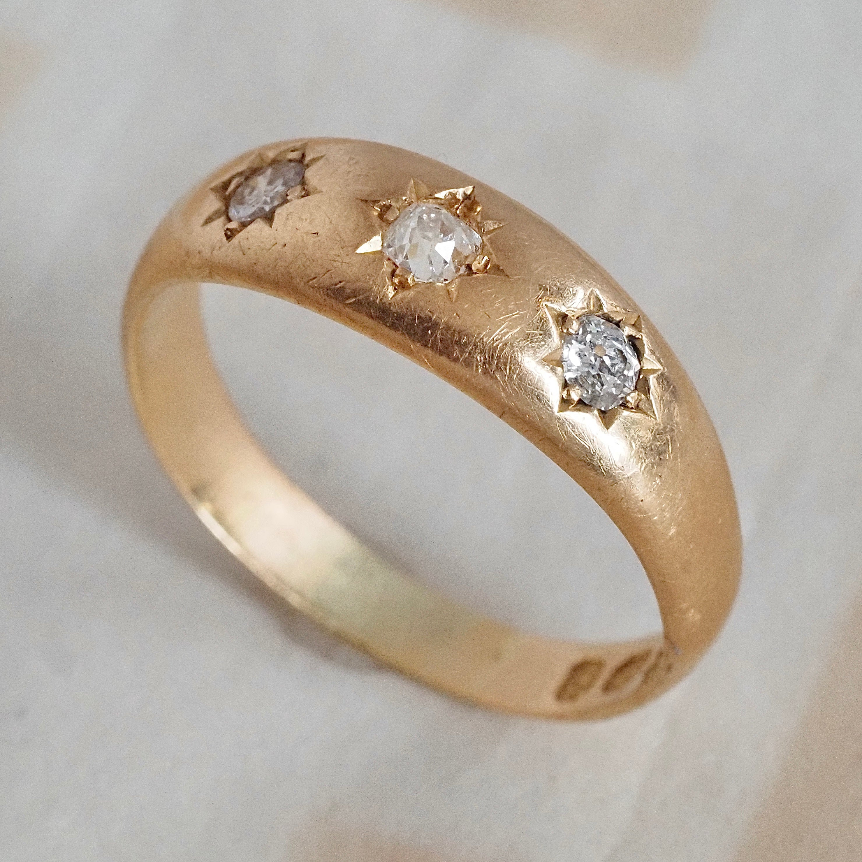 Antique c. 1890 English 18k Gold Old Mine & Old European Cut Diamond Flush Set Trilogy Ring