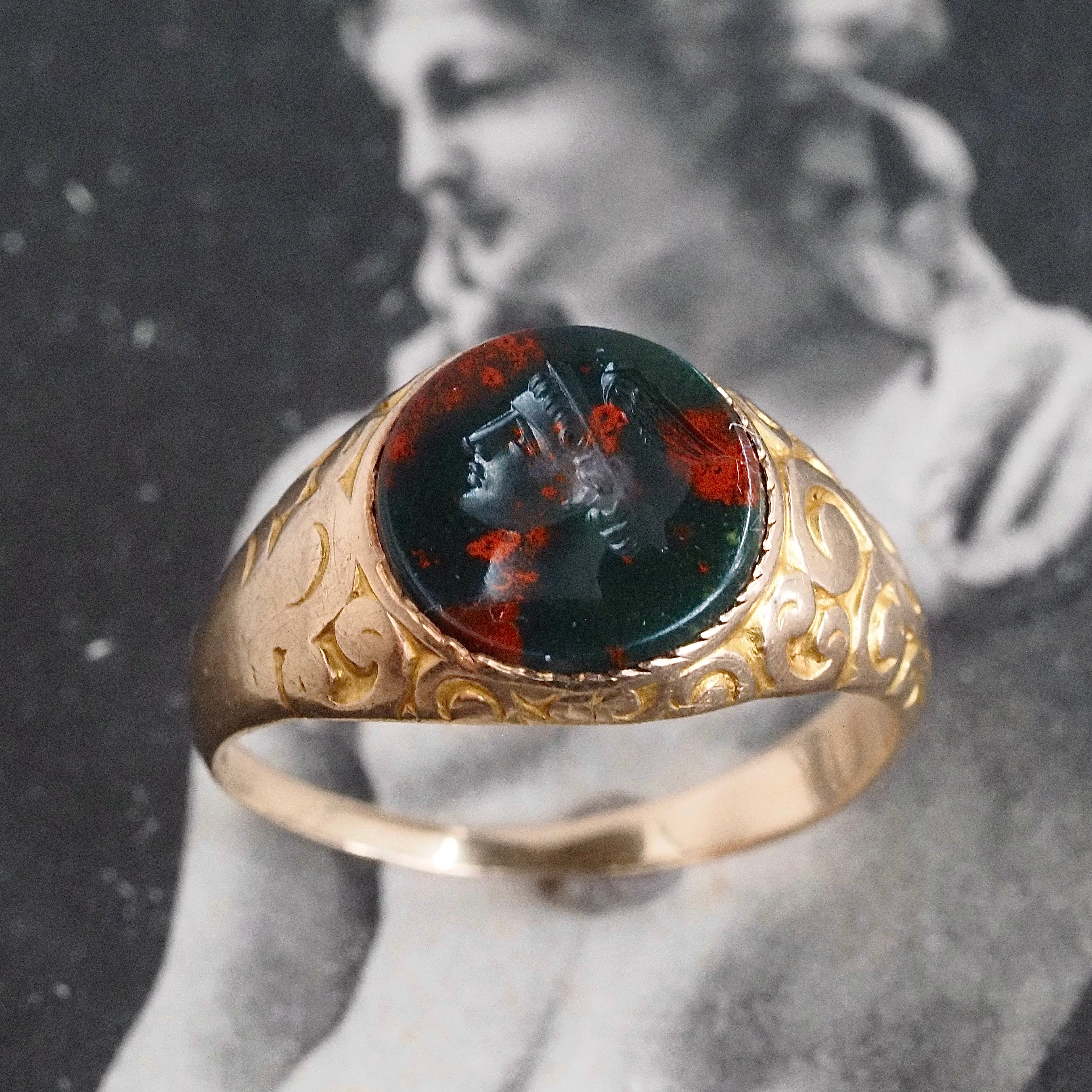Antique Victorian Hermes/Mercury Intaglio Bloodstone 10k Gold Signet Ring