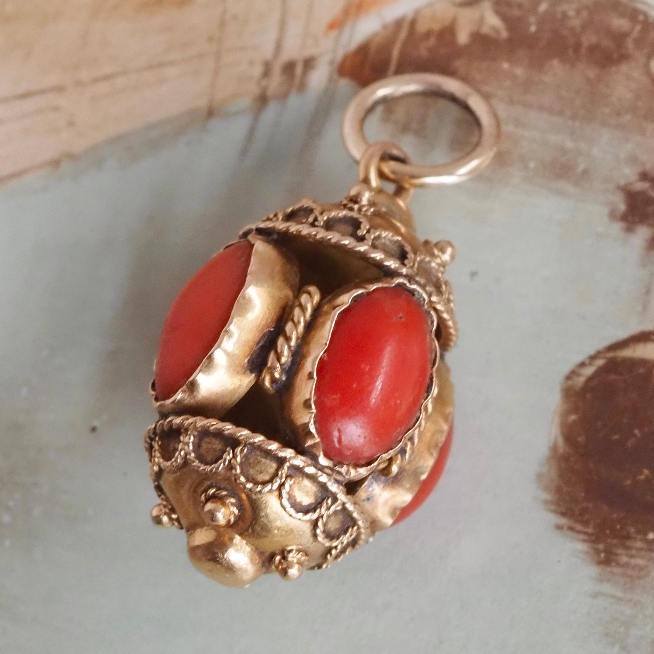 Antique Victorian Etruscan Revival Coral 18k Gold Pendant