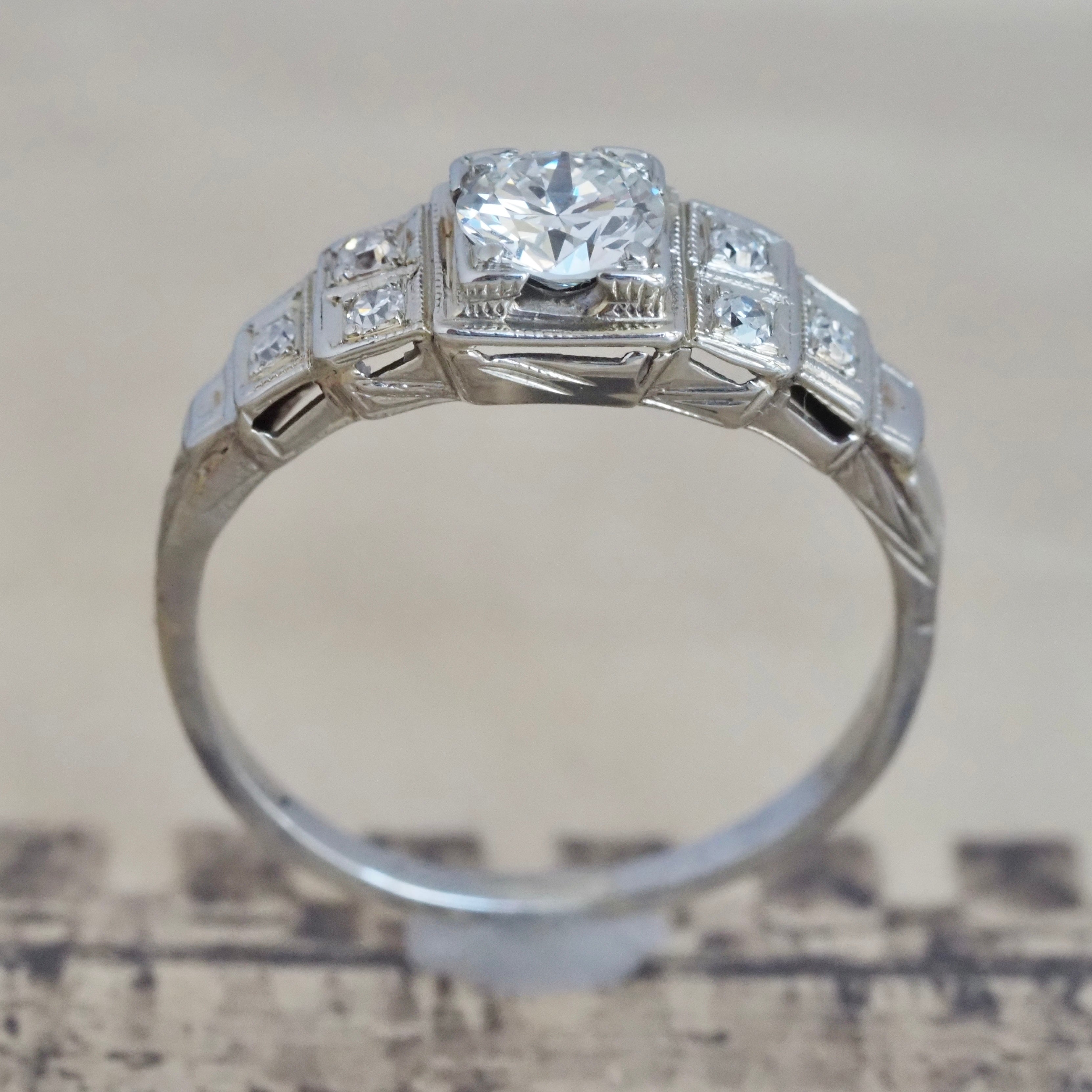 Antique Art Deco 14k White Gold Transitional Cut Diamond Step Ring