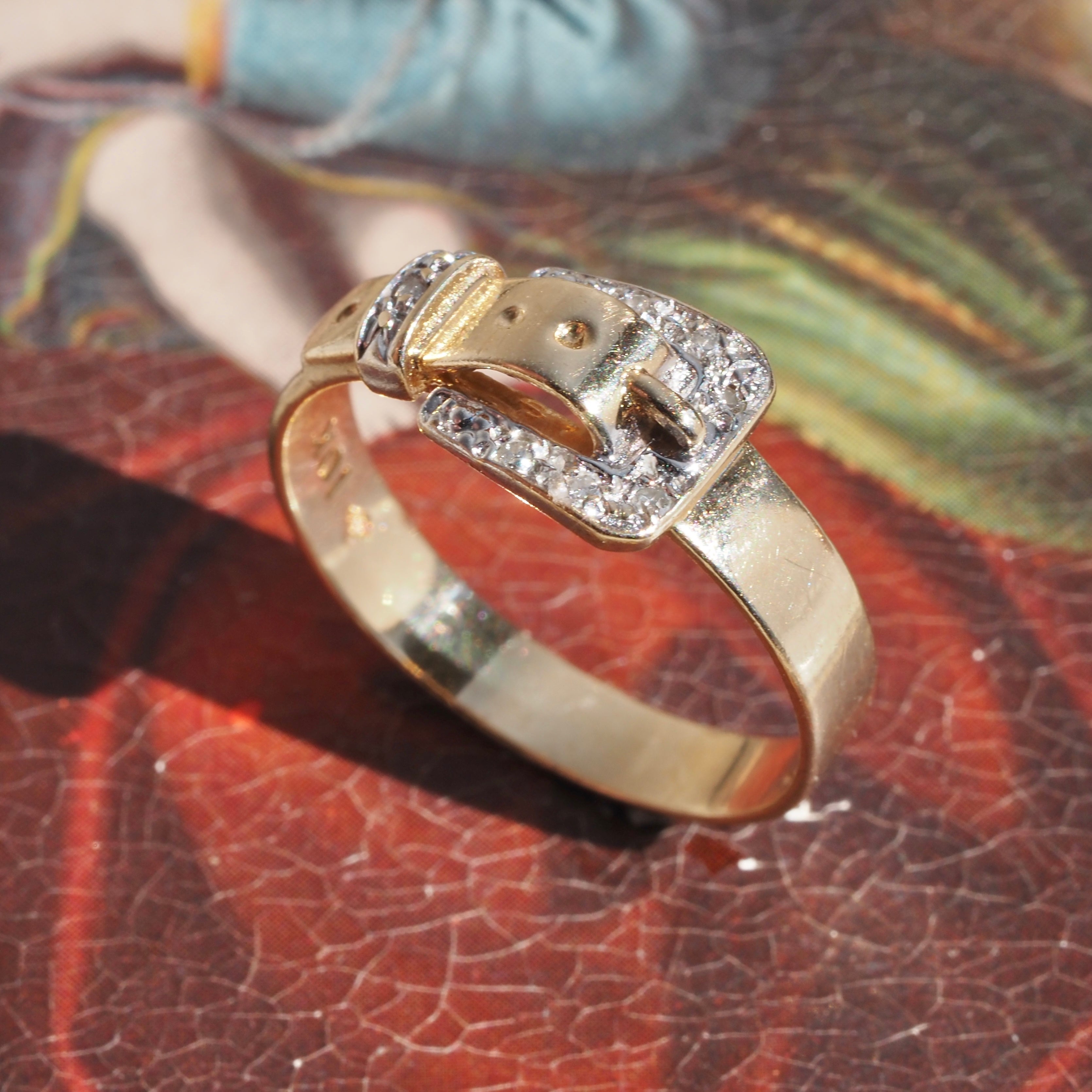 Mid-Century Diamond Belt Buckle 10k Gold Ring