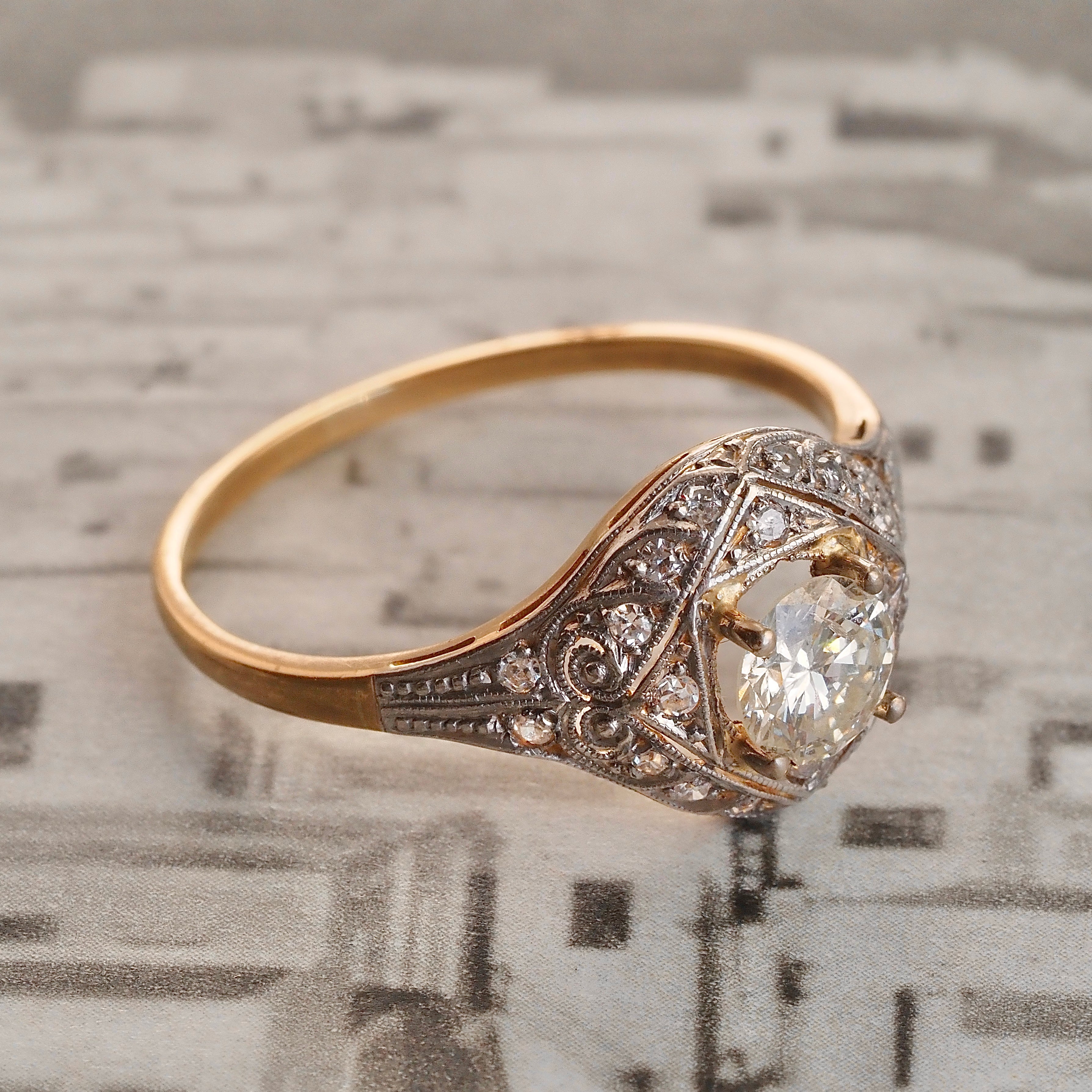 Antique Spanish Art Deco Round Brilliant Cut Diamond Solitaire Engagement Ring