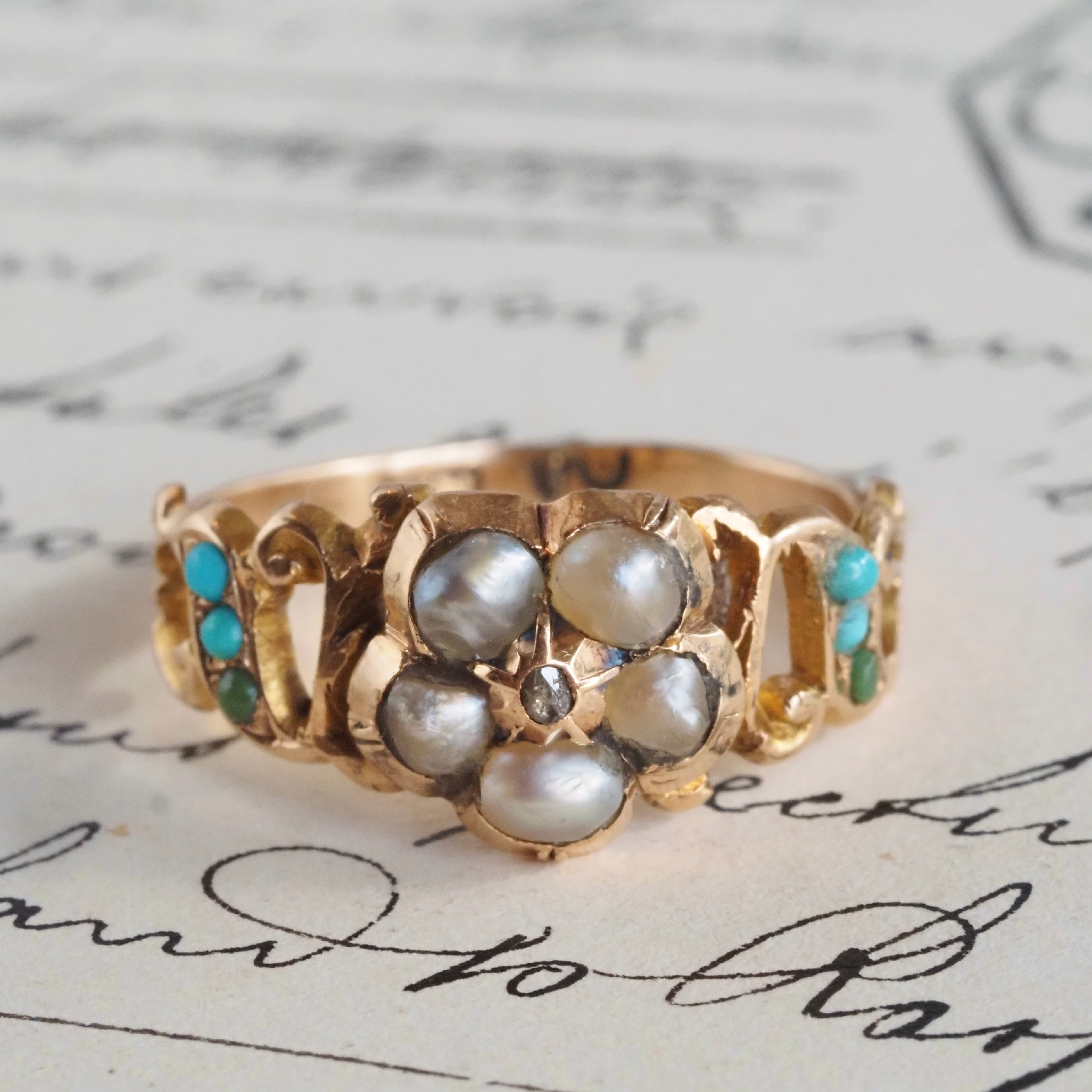 Antique Victorian Pearl Turquoise and Diamond Flower 14k Gold Ring
