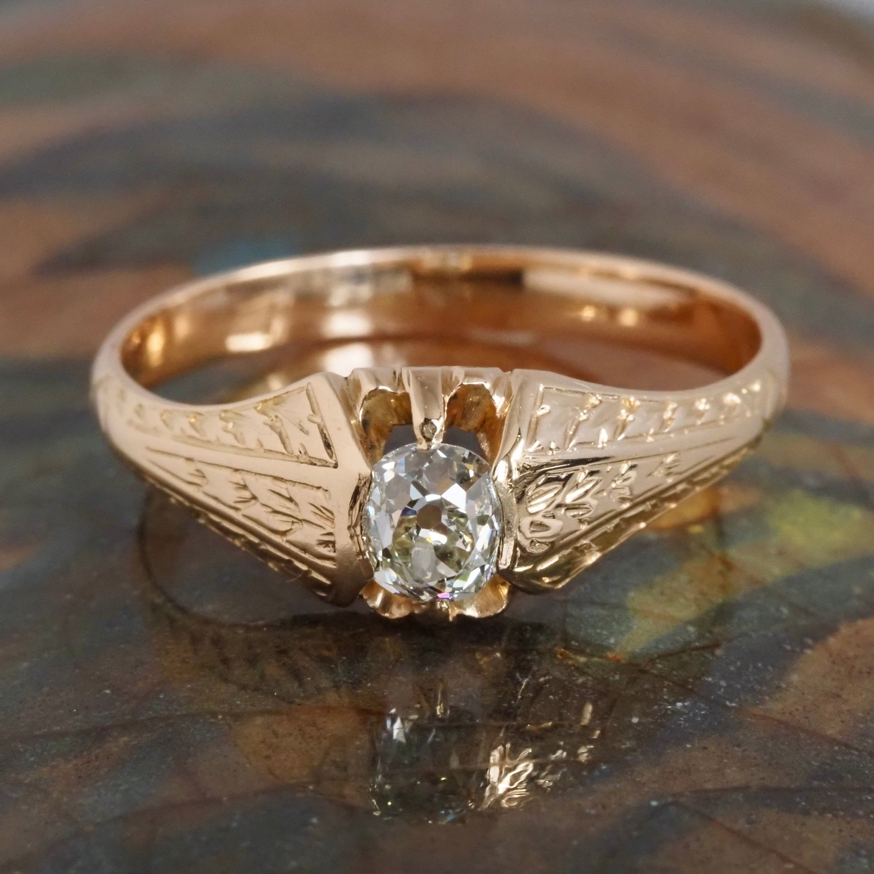 Antique Czech Austro-Hungarian Oval Old Mine Cut Diamond 14k Gold Engagement Ring