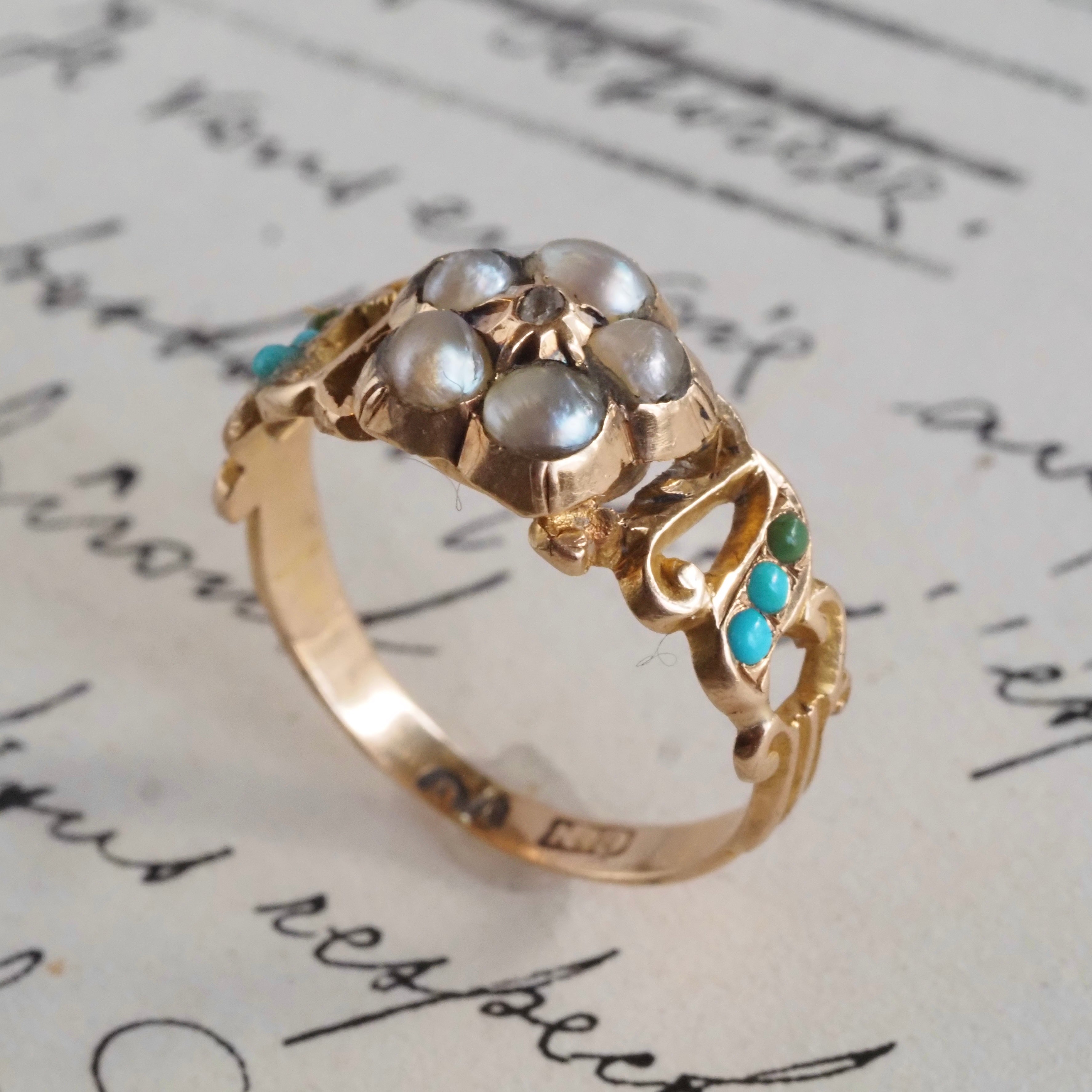 Antique Victorian Pearl Turquoise and Diamond Flower 14k Gold Ring