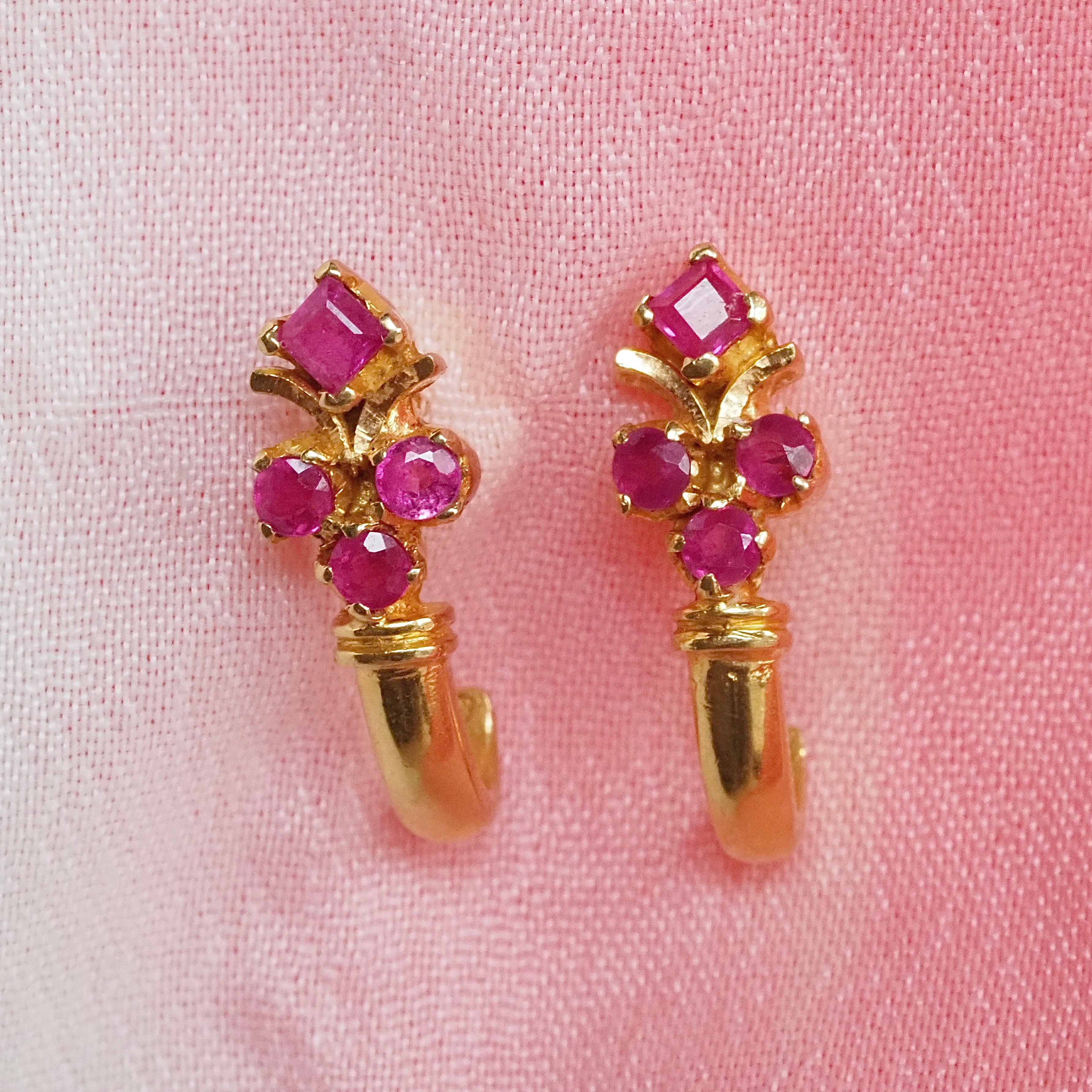 Vintage 18k Gold Ruby Encrusted Hoops