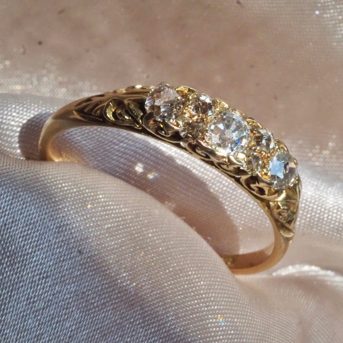 Antique Art Nouveau Old Mine Cut and Single Cut Diamond 18k Gold Half Hoop Ring