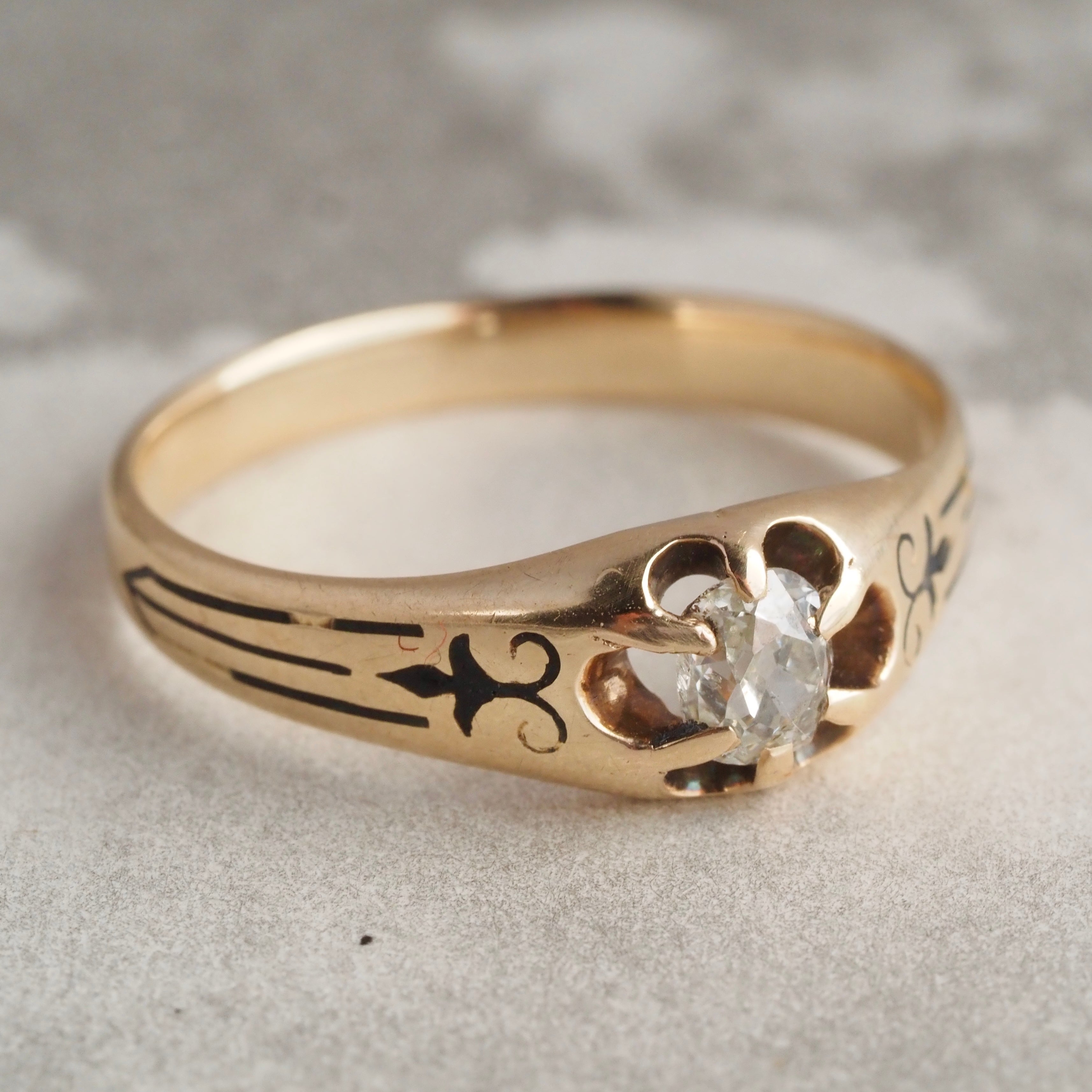 Antique Victorian Cushion Old Mine Cut Diamond Enamel 10k Gold Belcher Engagement Ring