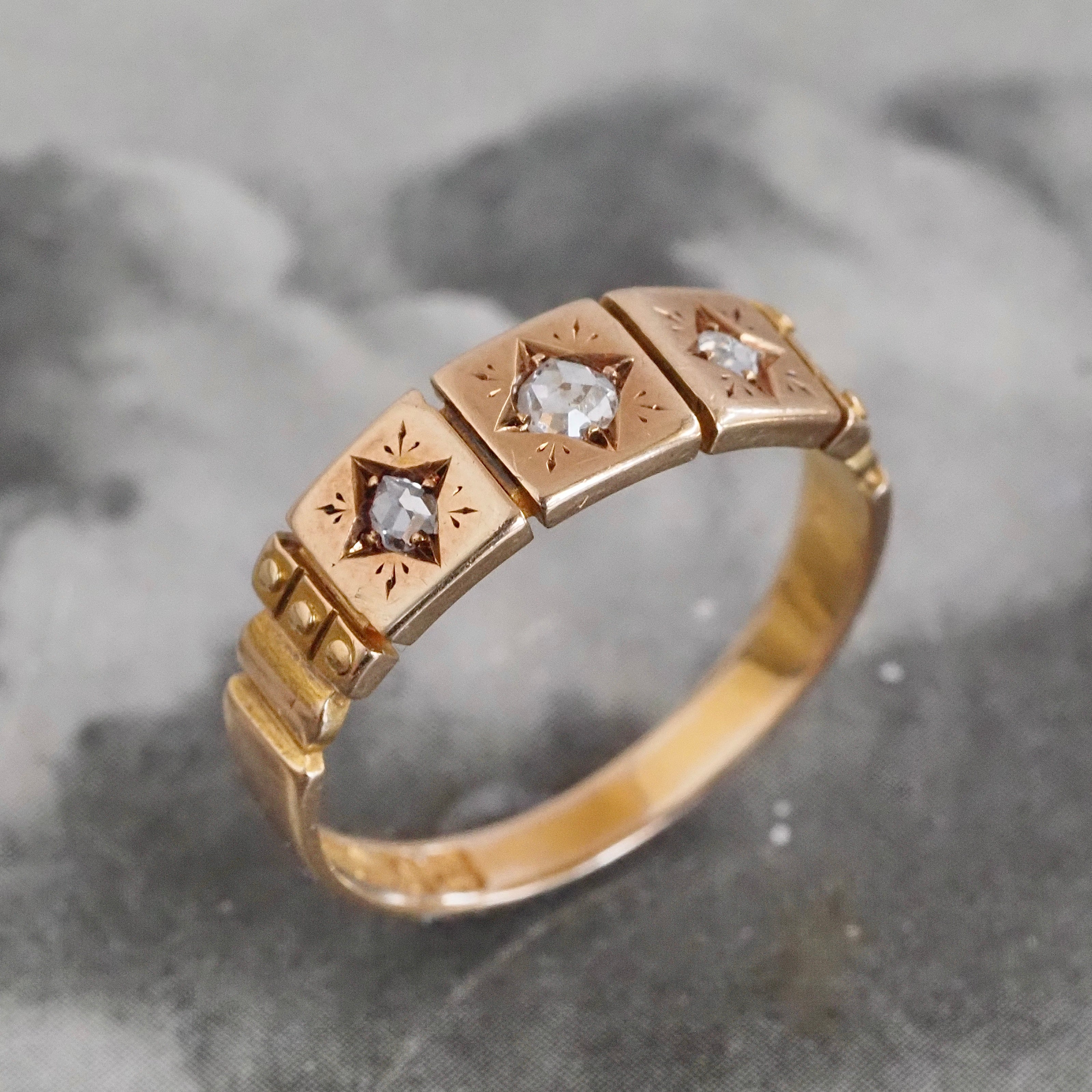 Antique Victorian English c. 1894 Rose Cut Diamond Trilogy 15k Gold Panel Ring