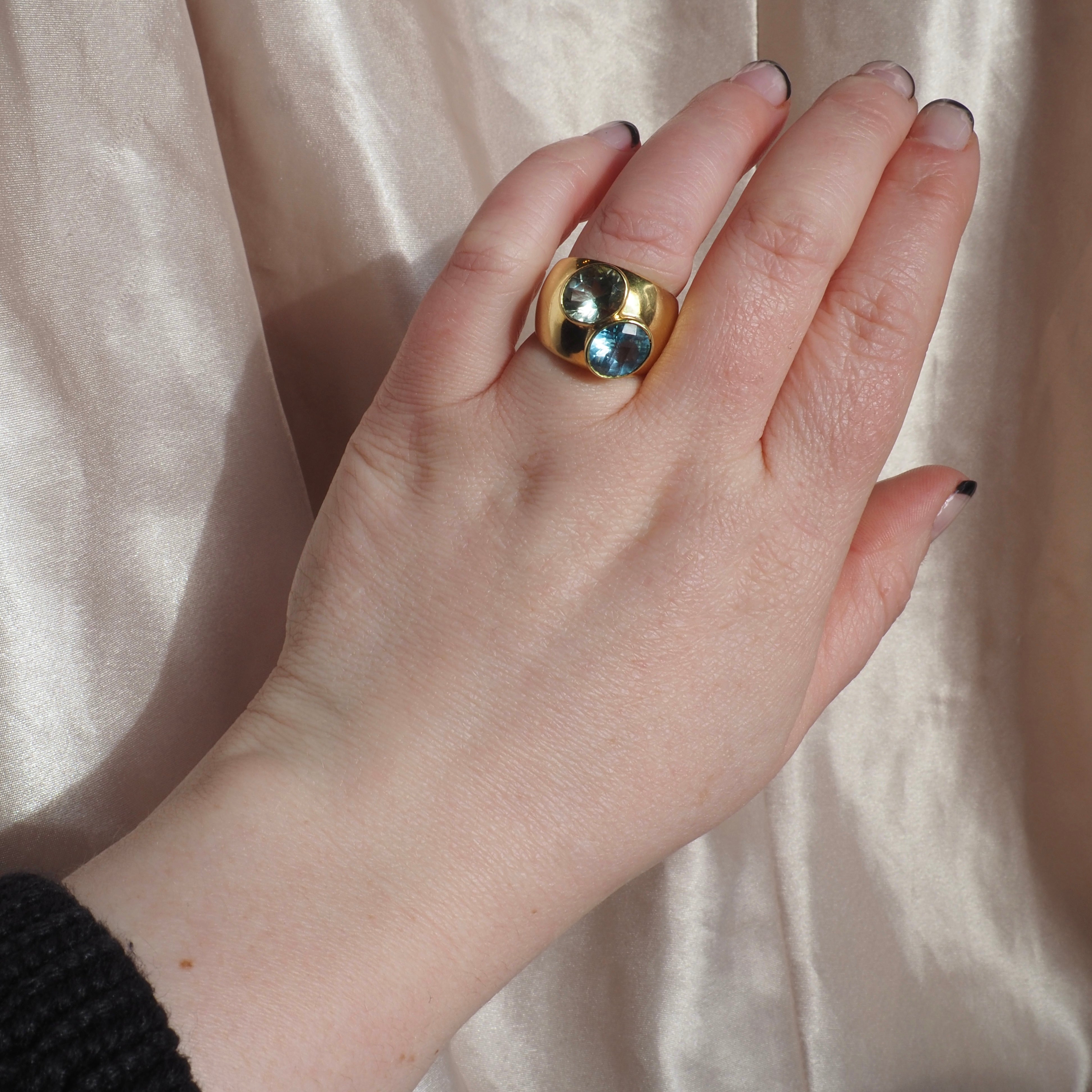 Vintage Topaz and Prasiolite Double Bezel Set 18k Gold Ring